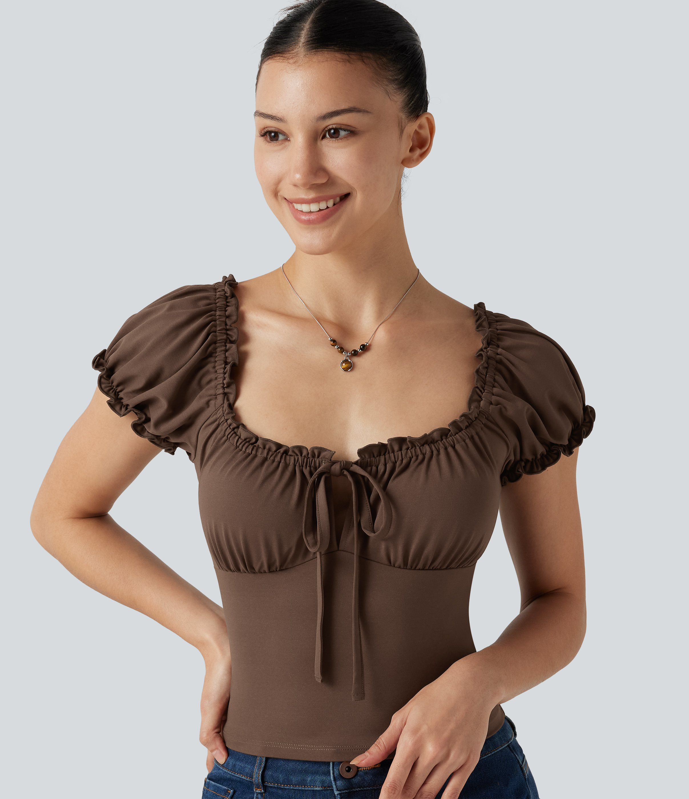 Square Neck Tie Front Frill Trim Ruched Casual Top