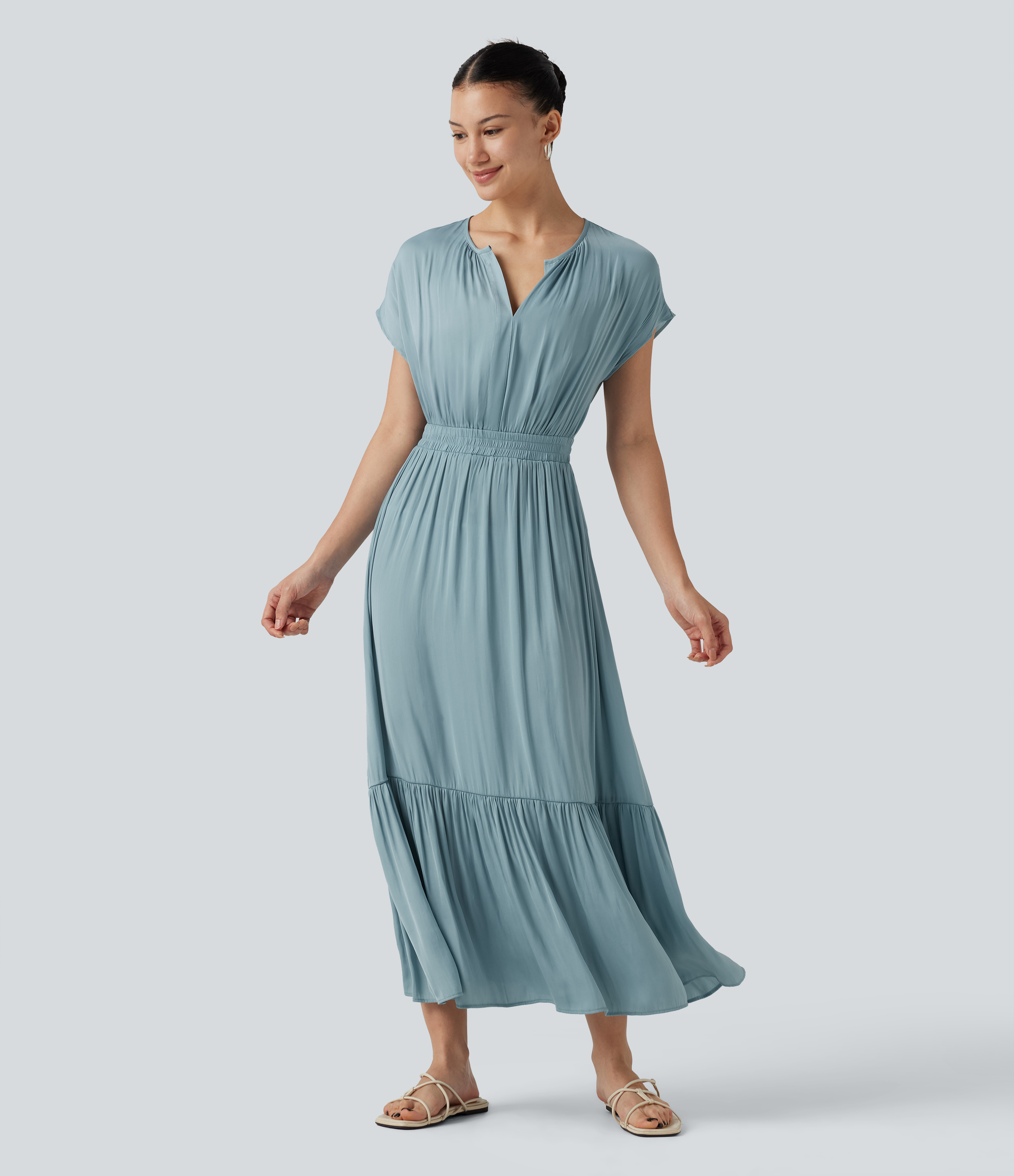 V Neck Short Sleeve Flowy Midi Casual Dress