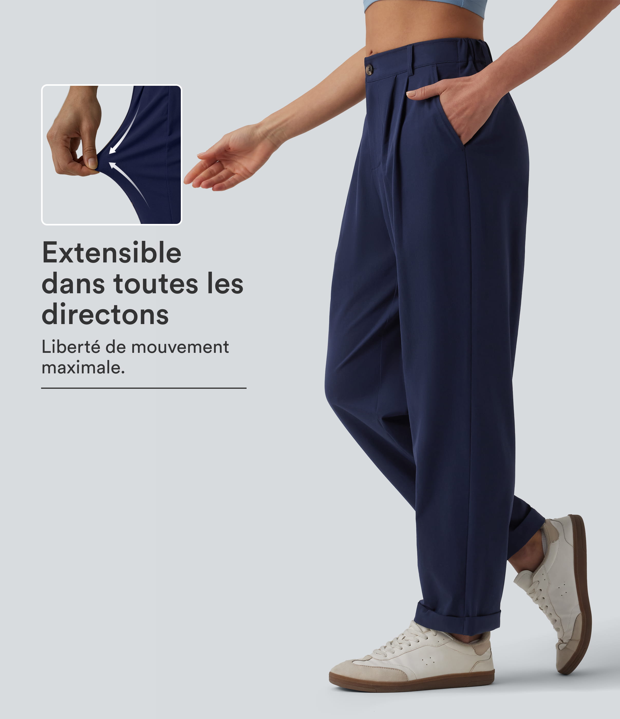 Pantalon casual fuselé 7/8 taille mi-haute plissé en popeline extensible à ourlet retroussé avec poches