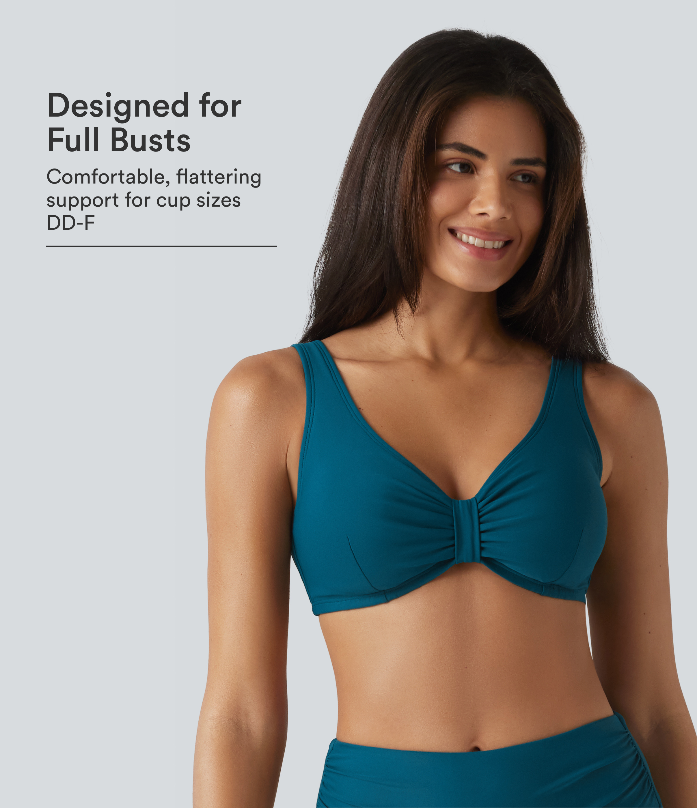 Haut de bikini à encolure en V, effet satiné — bonnets D-F