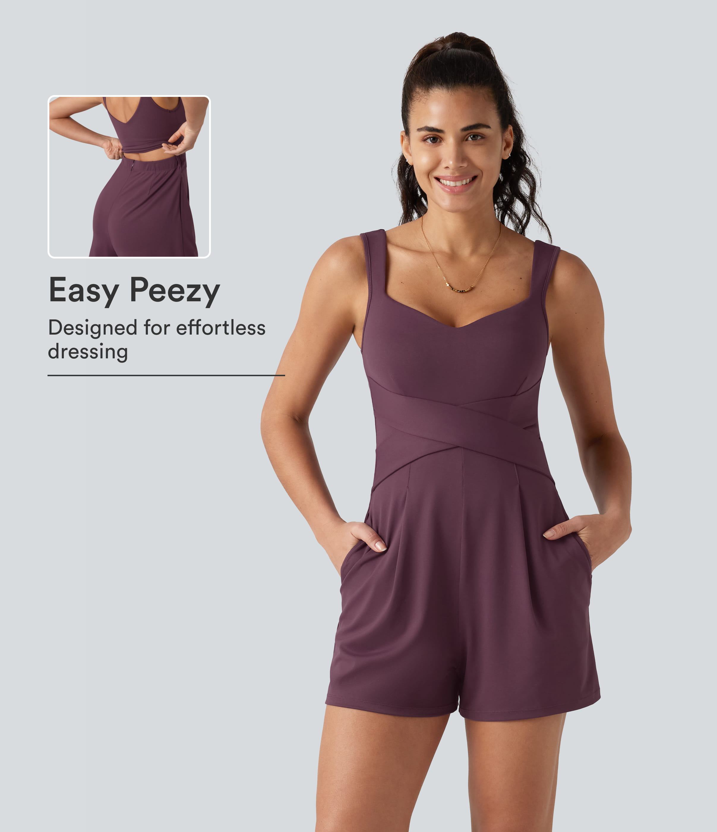 V Neck Built-in Bra Casual Romper with Pockets-Easy Peezy Edition