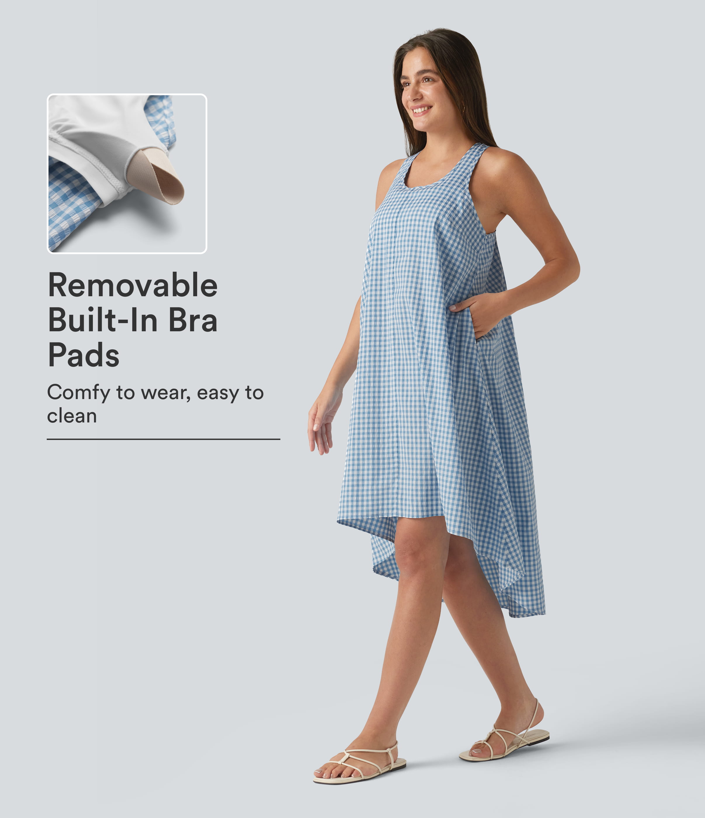 Rückenfreies Racerback-Resortkleid in Vichy-Karo, High-Low-Saum, mit integriertem BH, luftigem Midi-Schnitt und Taschen