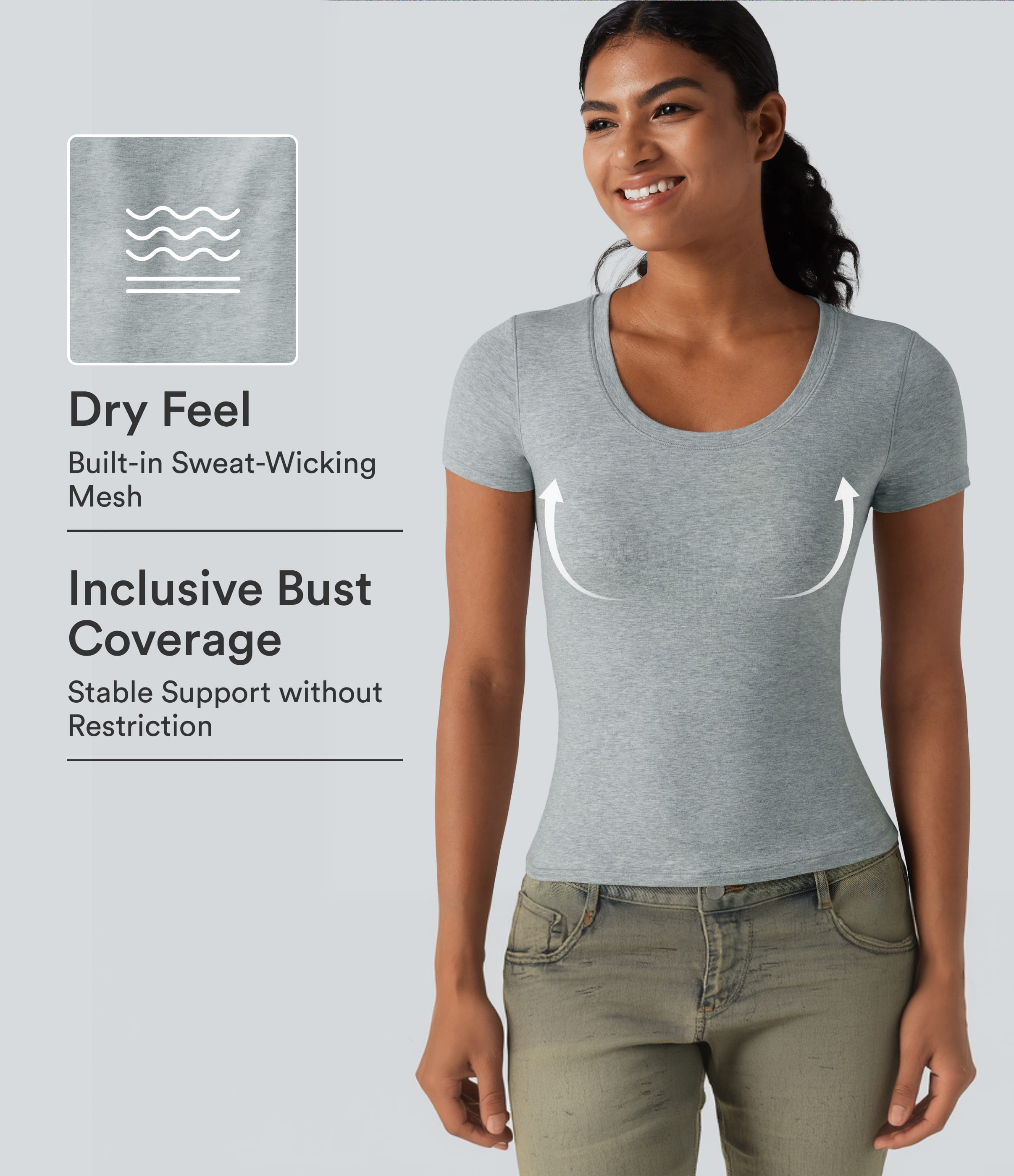 Halara Baumwoll-Jersey T-Shirt mit tiefem Rundhalsausschnitt, kurzen Ärmeln und integriertem BH, lässig