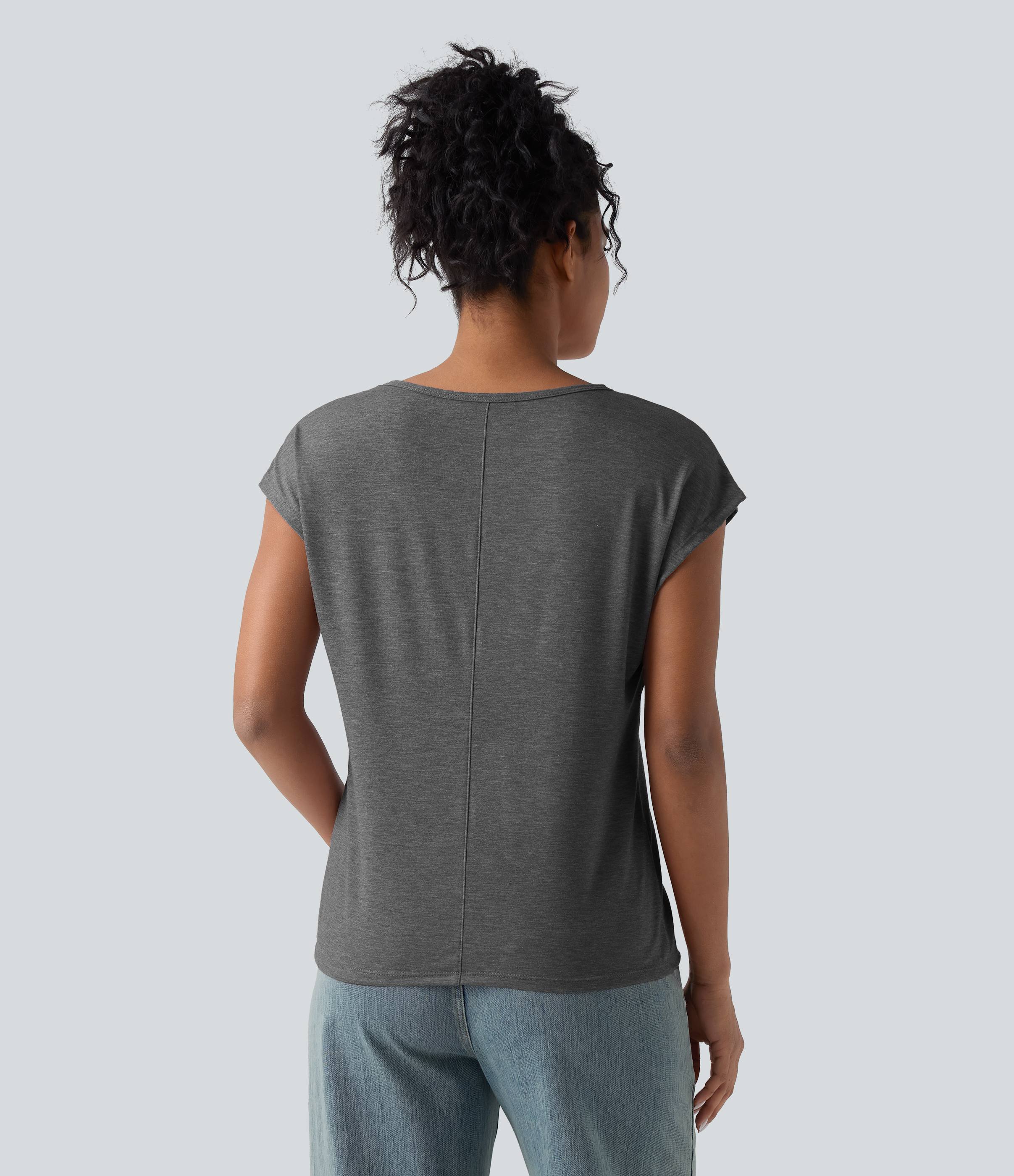Darl Gray Floral Yarn T-shirt décontracté chiné ample à manches courtes et col V / 2