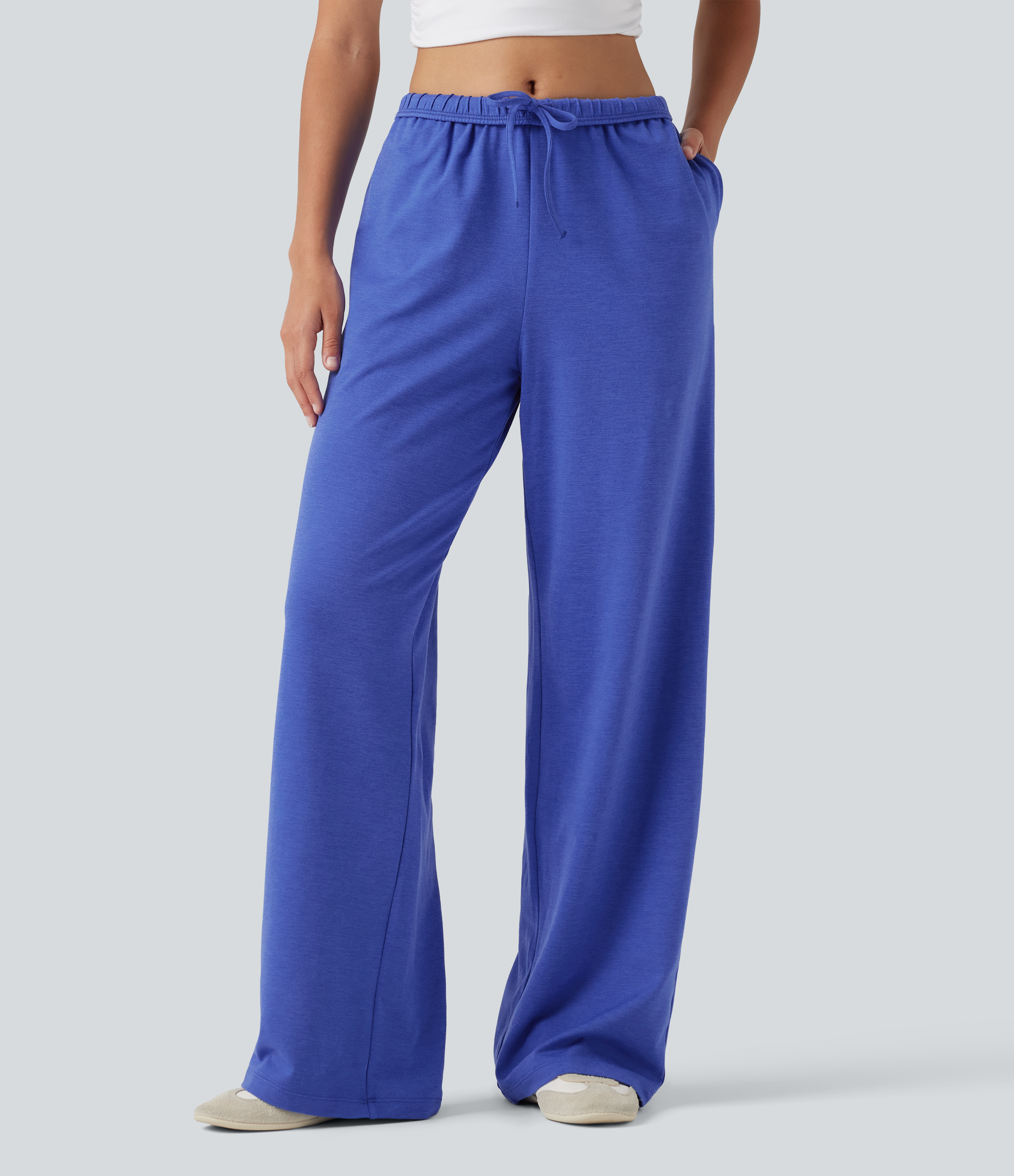 Mottled Glass Blue High Waisted Foldover Drawstring Side Pocket Straight Leg Casual Trousers / 1