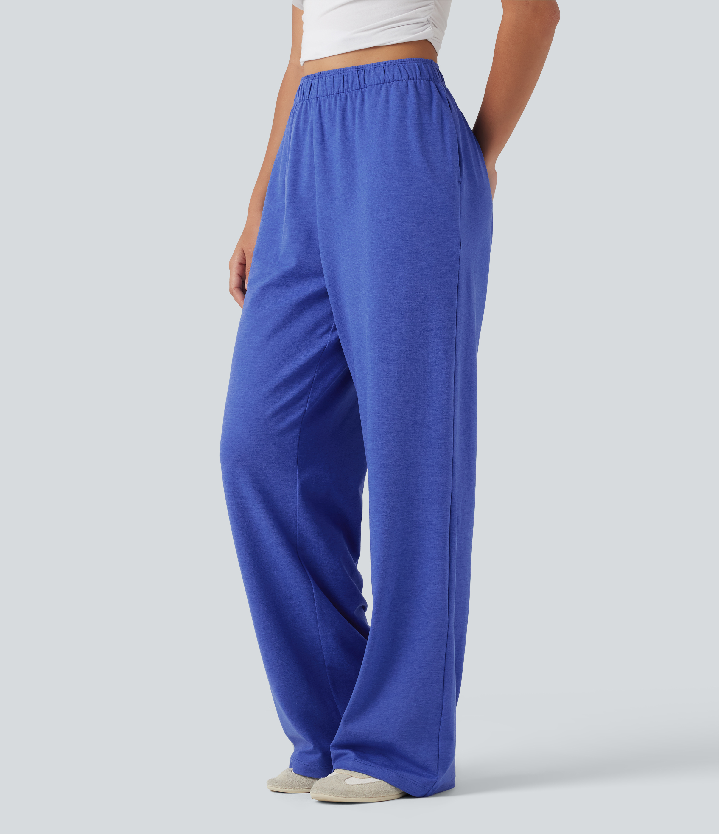 Mottled Glass Blue High Waisted Foldover Drawstring Side Pocket Straight Leg Casual Trousers / 2
