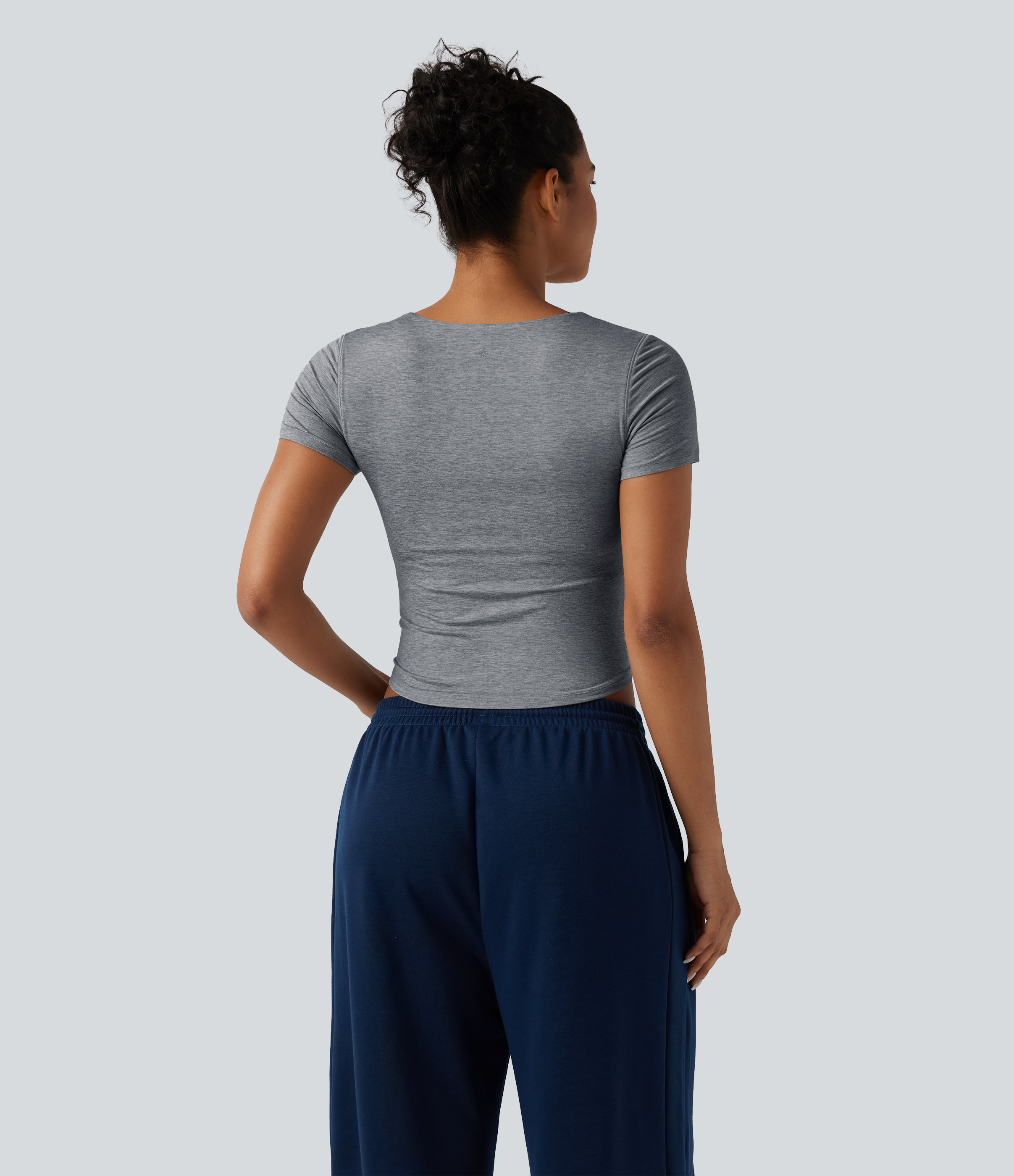 Ironshade Drift Diamond Collar Built-in Bra Short Sleeve Ruched Curved Hem Yoga Sports Top / 2