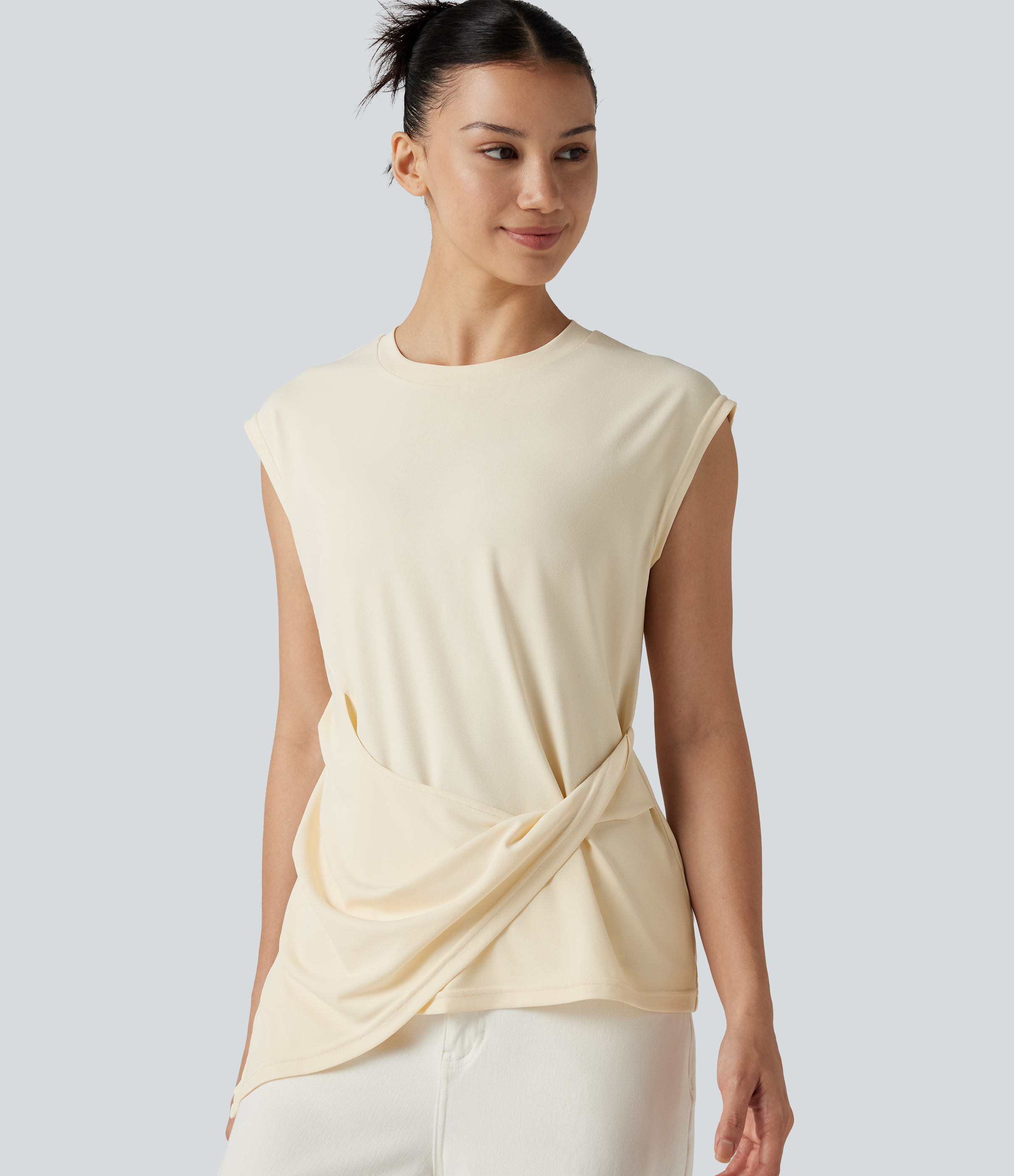 Round Neck Cap Sleeve Asymmetric Twisted Hem Casual Top