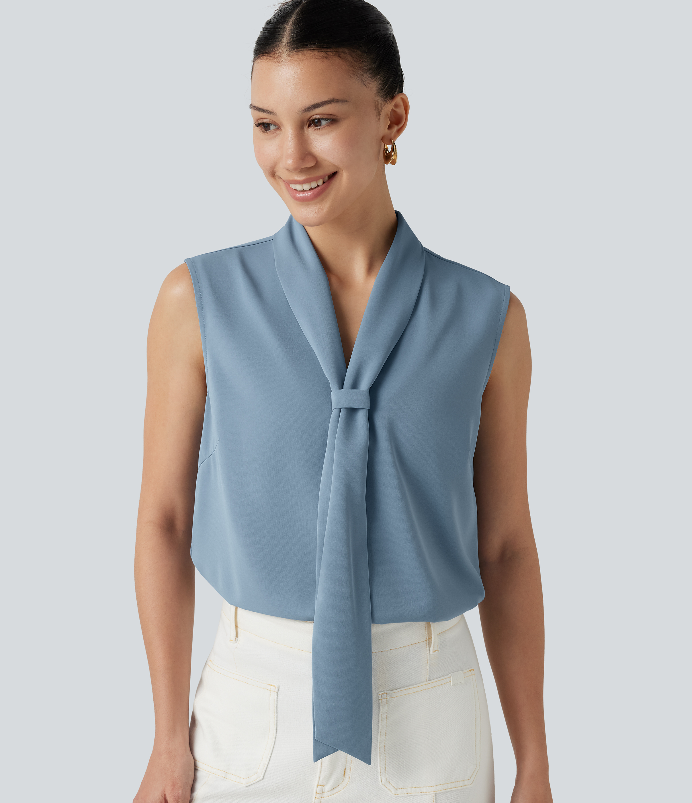 Wrinkle-Resistant V Neck Sleeveless Relaxed Work Tie Blouse