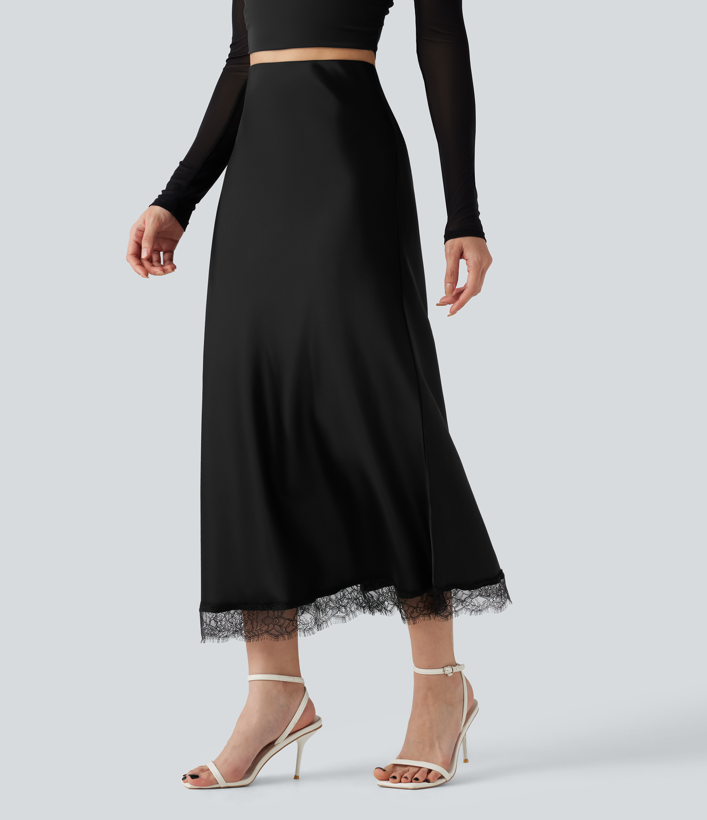 High-waisted Satin Contrast Lace Midi Casual A-Line Skirt