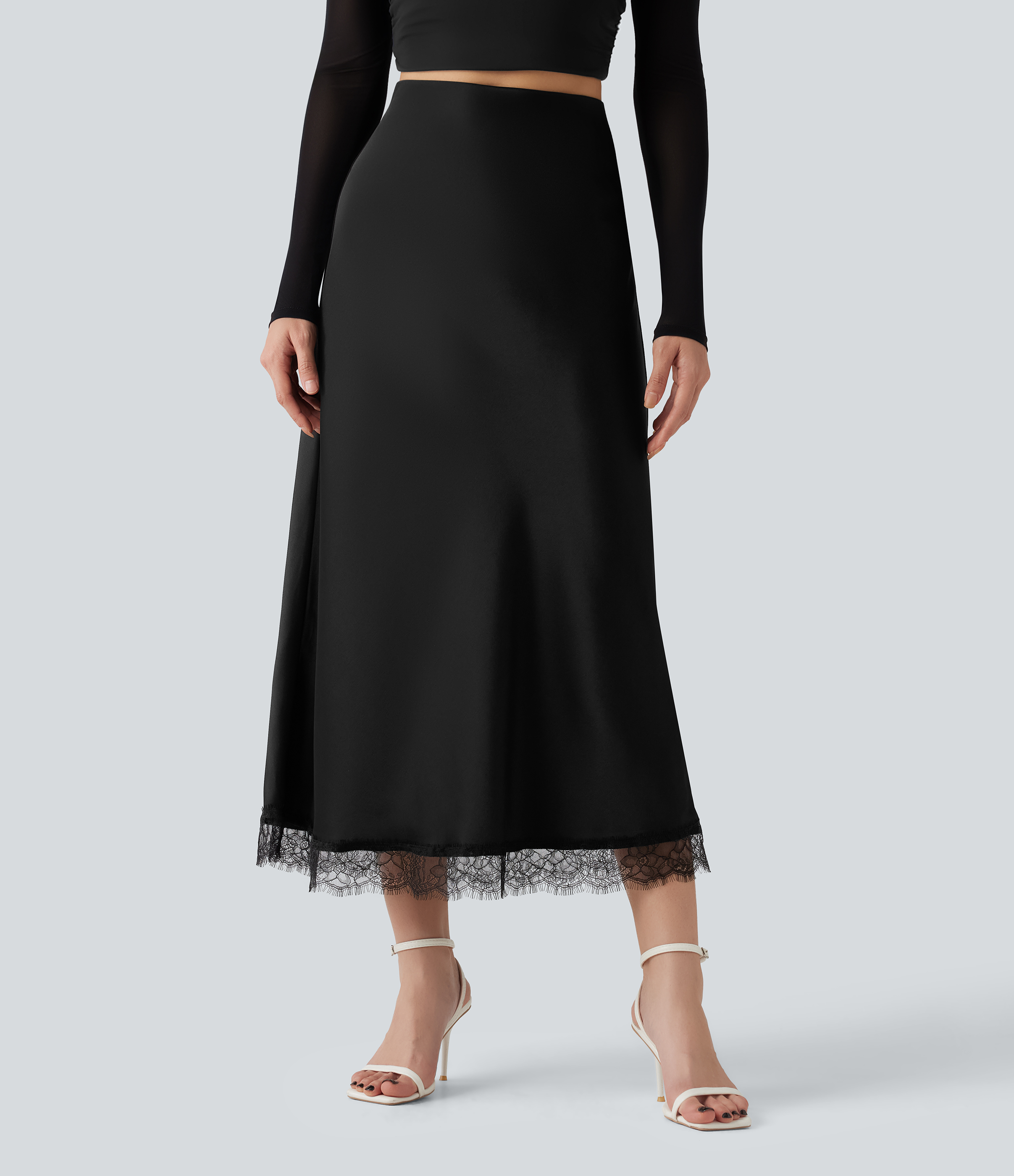 High-waisted Contrast Lace Midi Casual A-Line Skirt