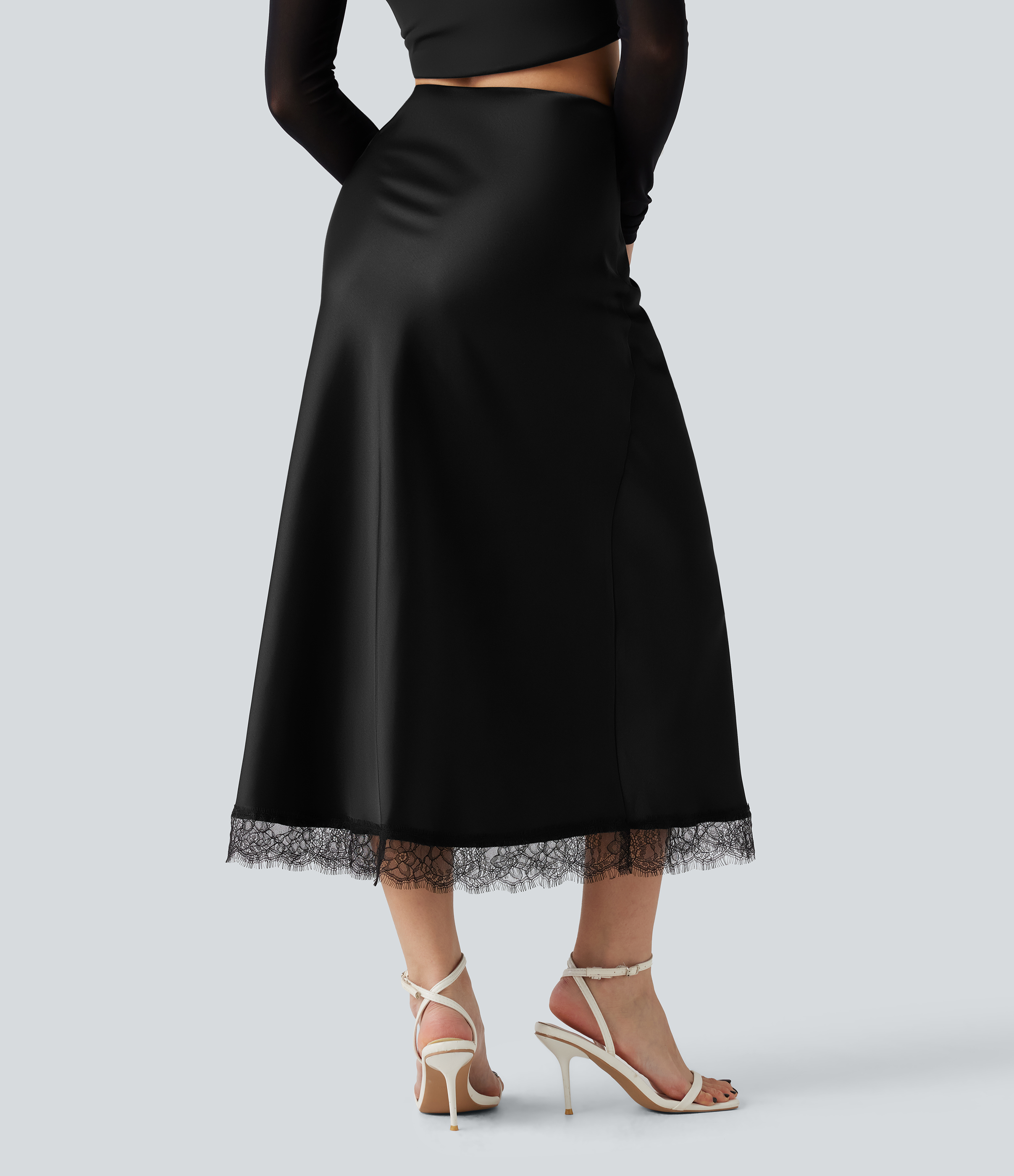 Black High-waisted Satin Contrast Lace Midi Casual A-Line Skirt / 2