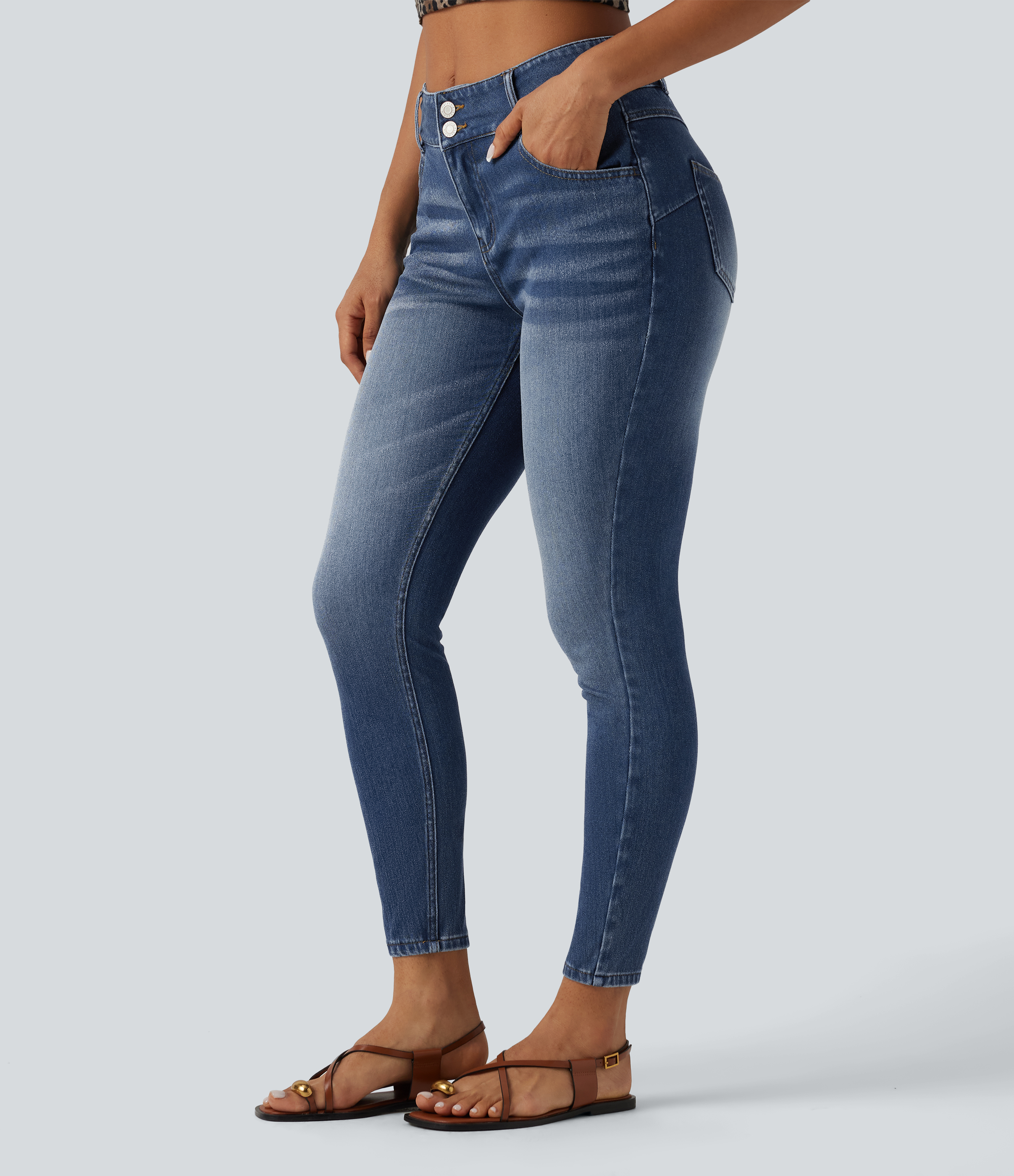 Tide Blue Denim Halara Flex™ Mid Rise Draped Lyocell Lightweight Washed Skinny Casual Jeans with Pockets / 1