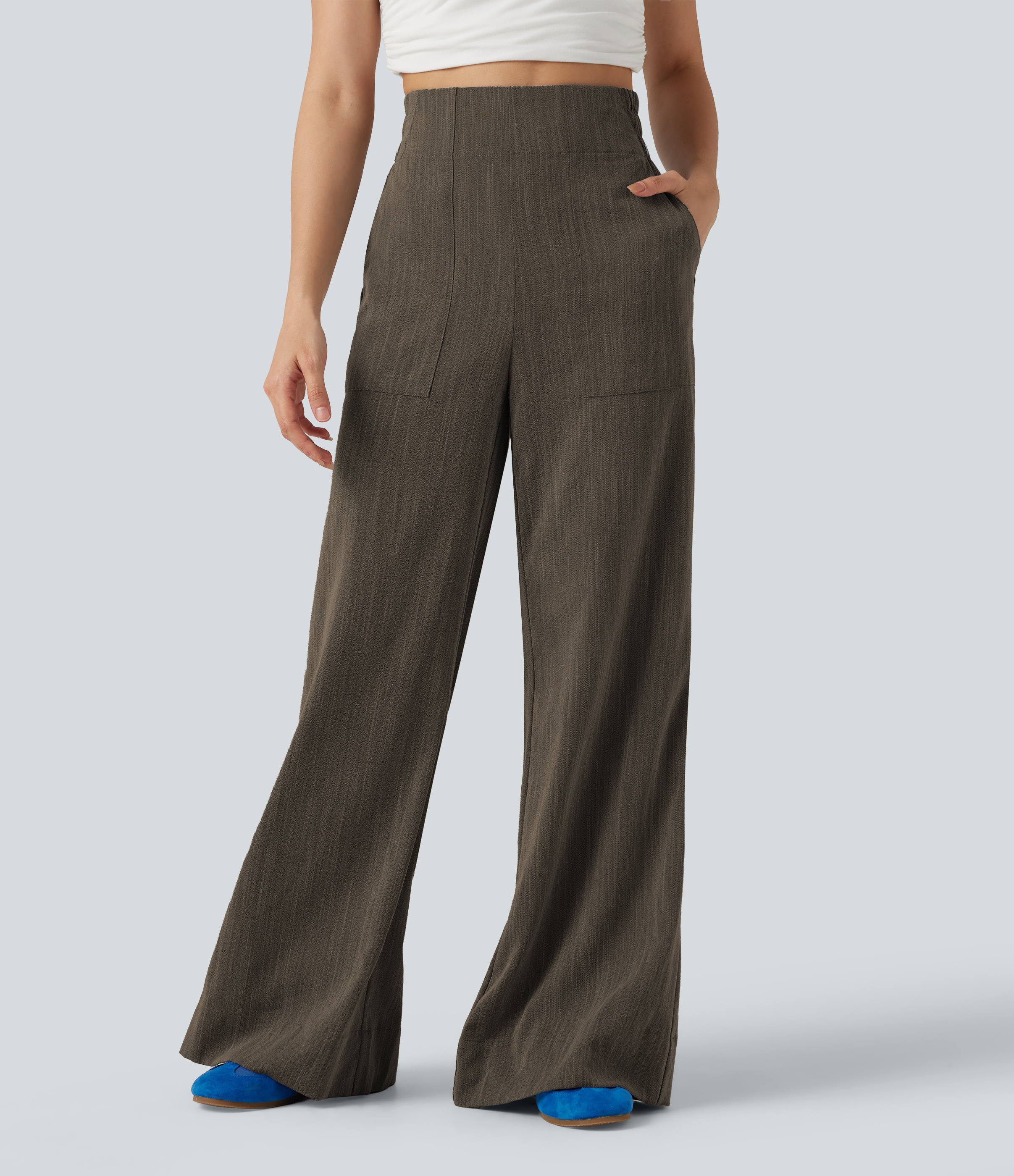 High Waisted Flare Casual Linen-Feel Pants with Pockets