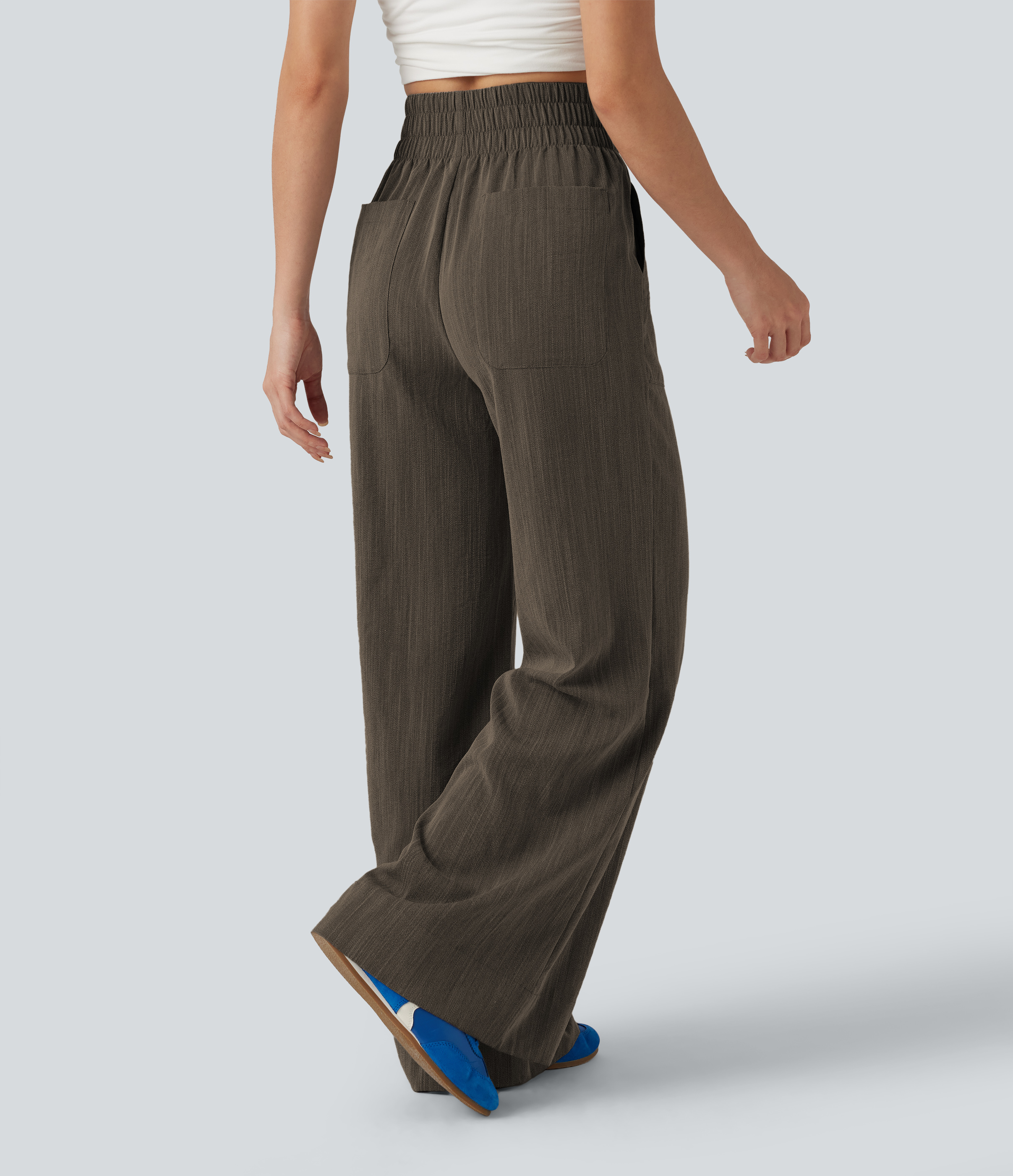 Dark Earthy Brown Pantalon décontracté taille haute à coupe évasée, aspect lin, avec poches / 2