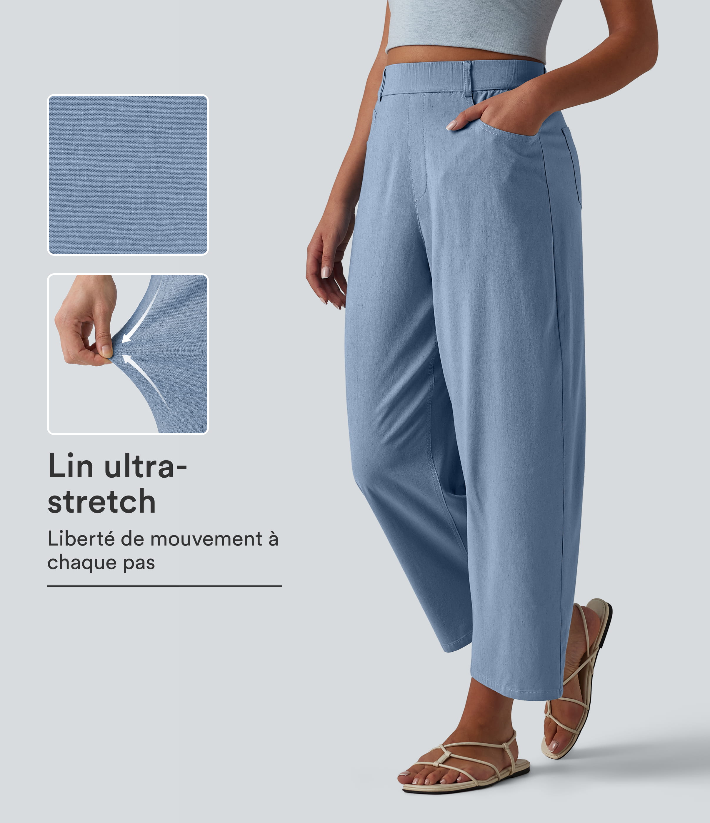 Pantalon casual taille haute en lin stretch coupe barrel avec poches