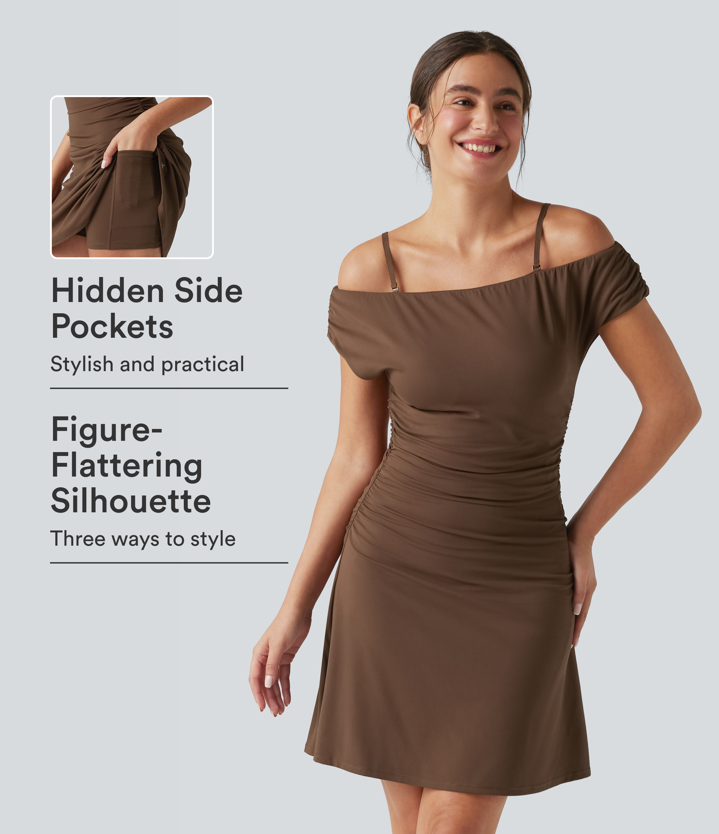 SoftlyZero™ Off-shoulder Removable Strap Built-in Bra 2-in-1 Yoga Active Dress with Pockets-Easy Peezy A-D Cups