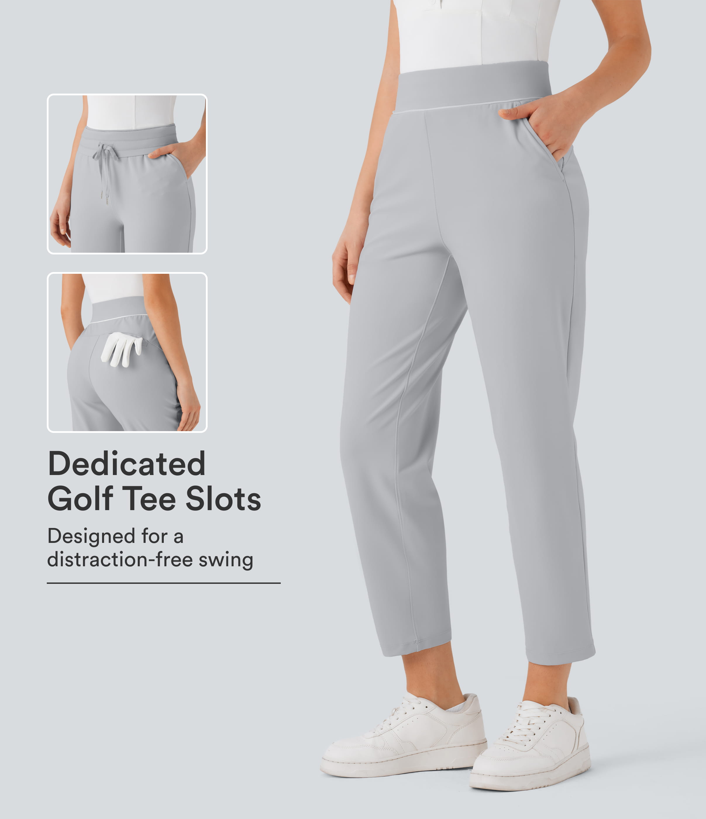 High Waisted Inside Drawstring Quick Dry Golf Tapered Pants-Golf Tee Pocket-UPF40+