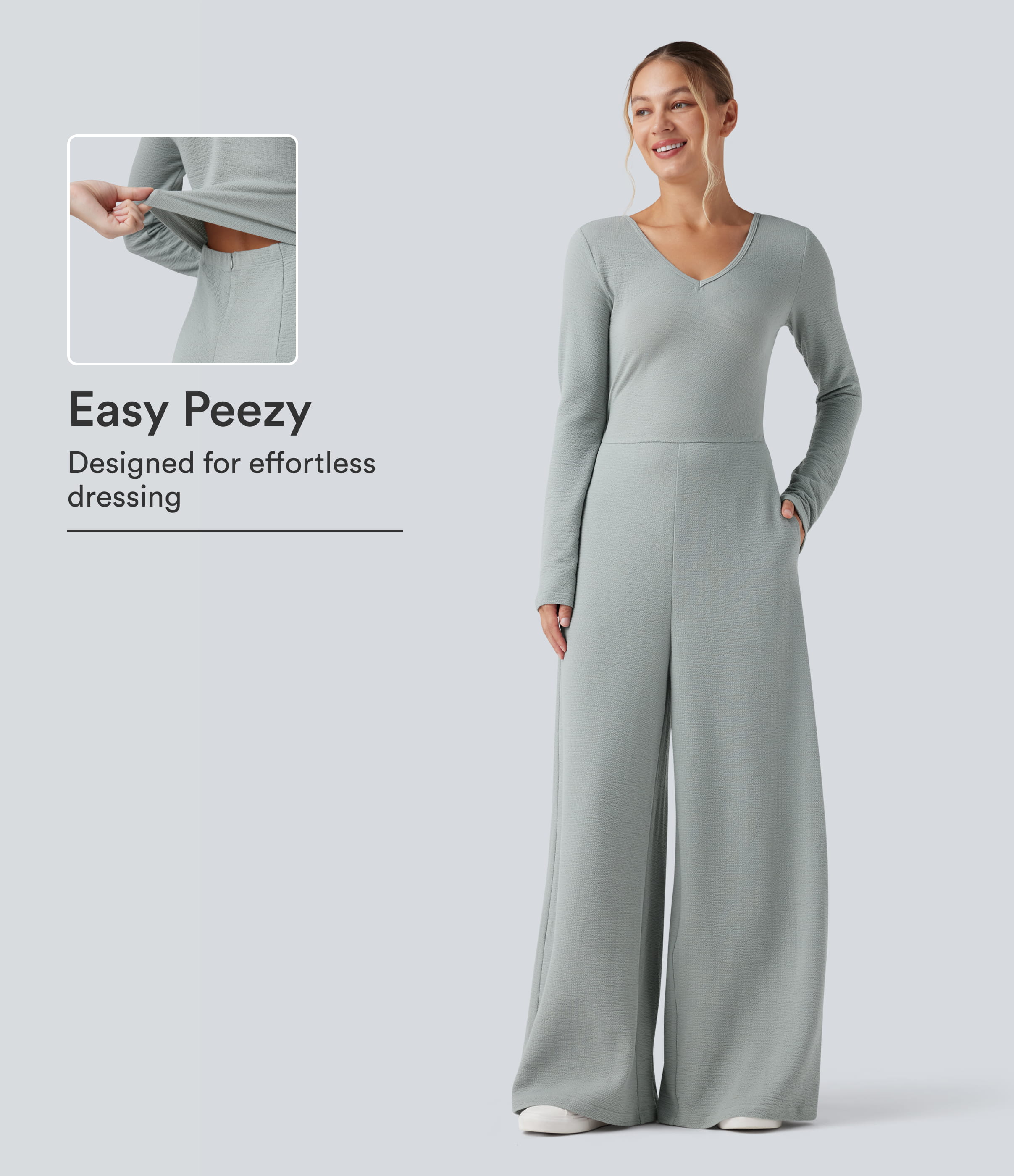 V Neck Long Sleeve Casual Jumpsuit with Pockets-Easy Peezy Edition