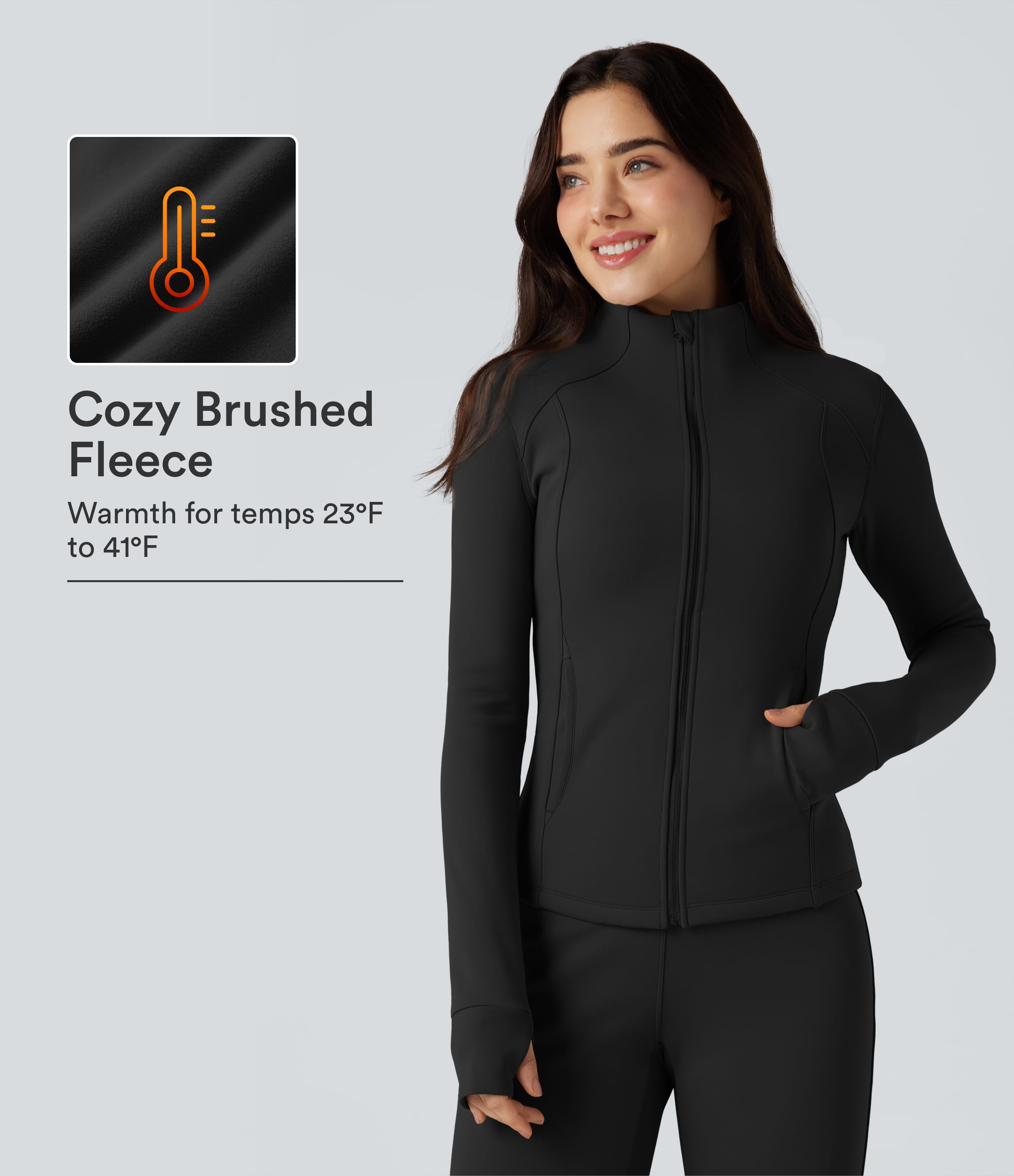 Long Sleeve Thumb Hole Fleece Workout Jacket with Pockets