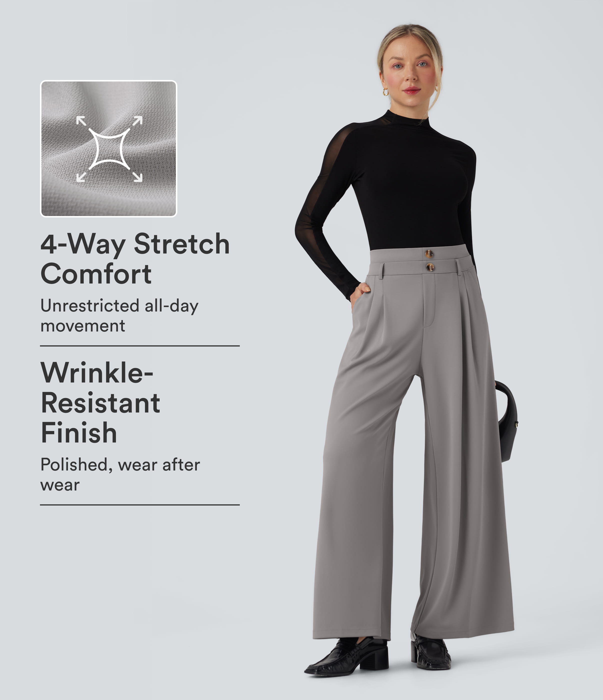 Halara Flex™ Hohe Taille Doppelter Bund Weite Bein Crêpe Arbeitshose mit Taschen