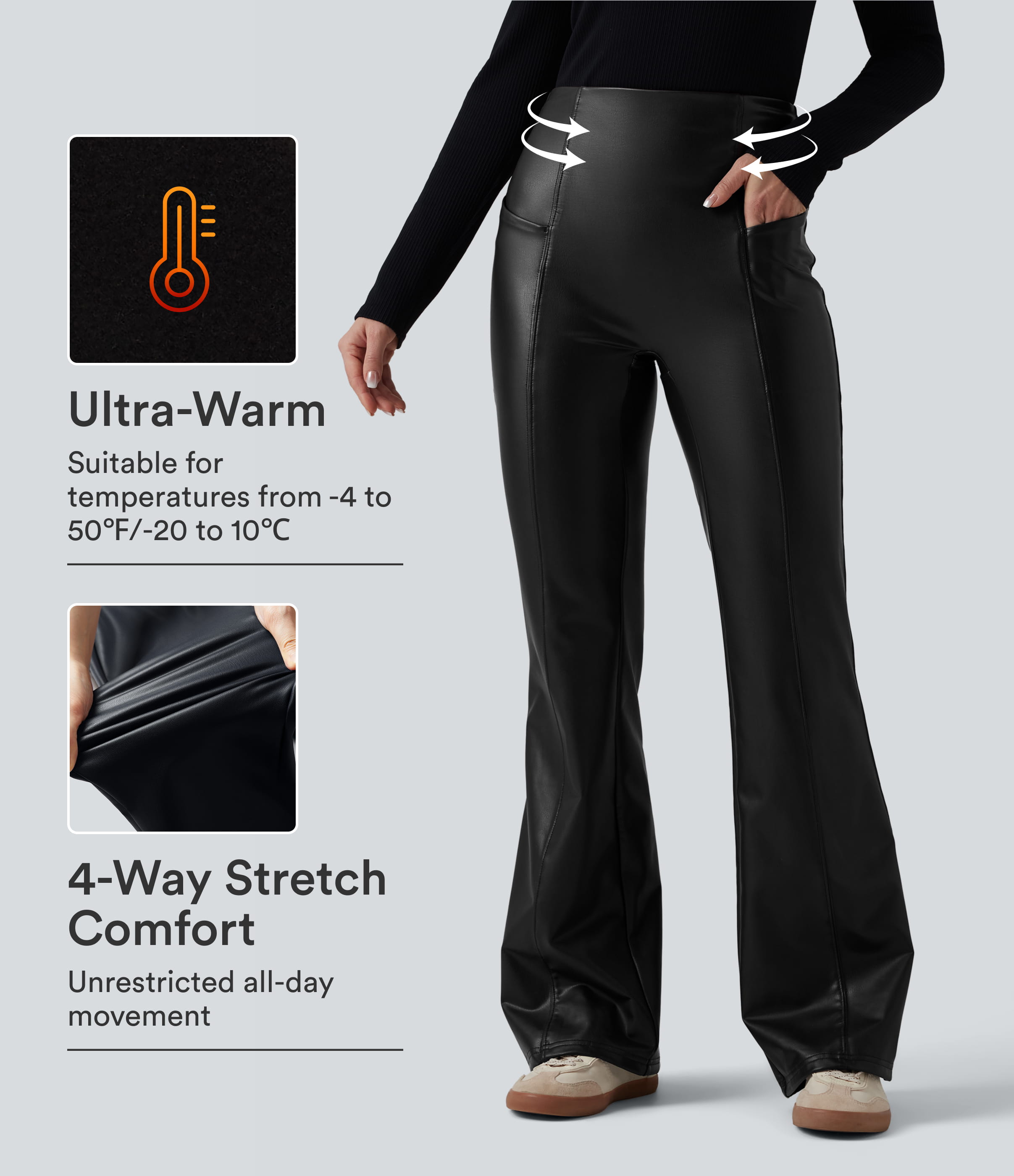 High Waisted Tummy Control Stretchy PU Fleece Casual Flare Pants with Pockets