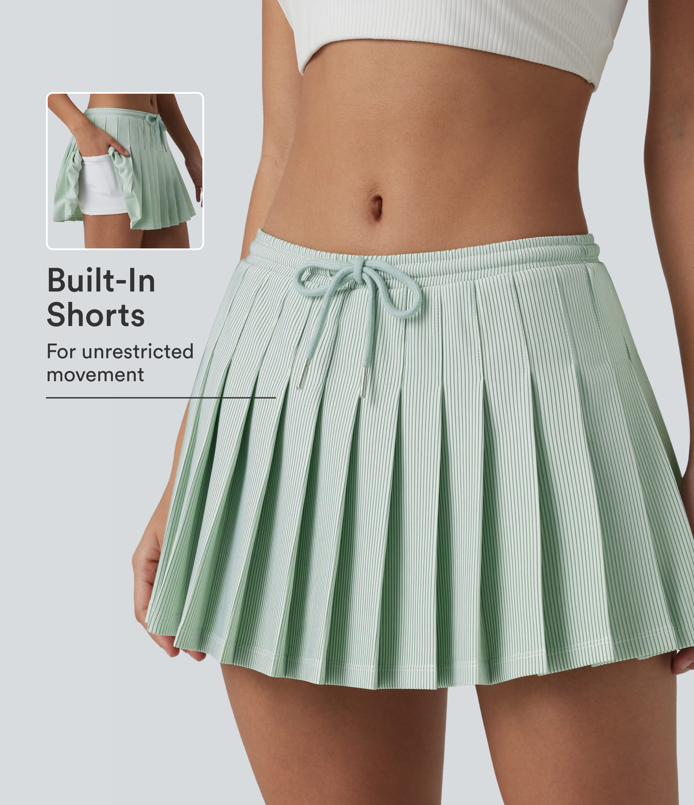 Low Rise Drawstring 2-in-1 Stripes Pleated Mini Pickleball Skirt with Pockets