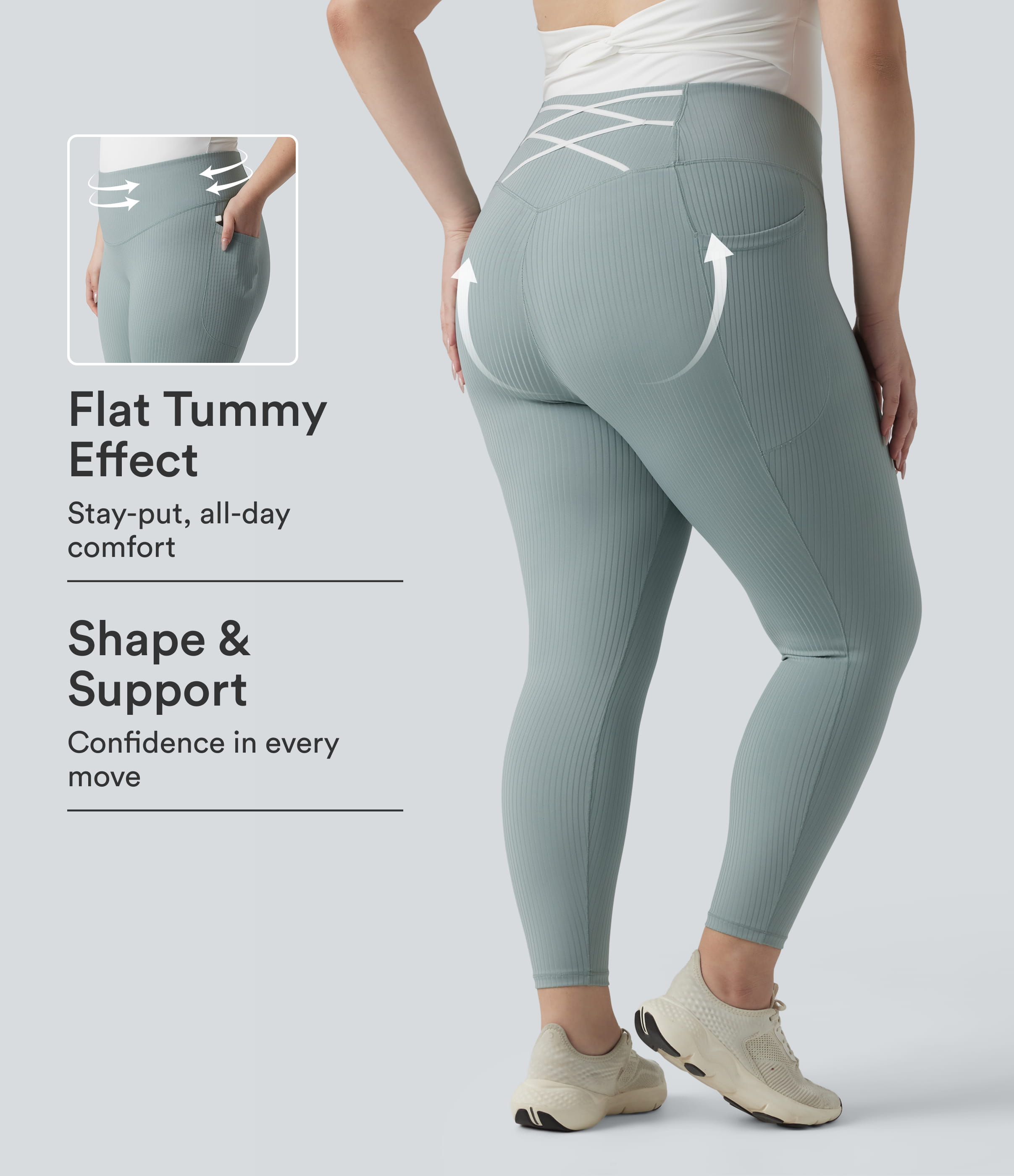 Plus Size Ribbed Knit High Waisted Tummy Control Workout Leggings with Pockets