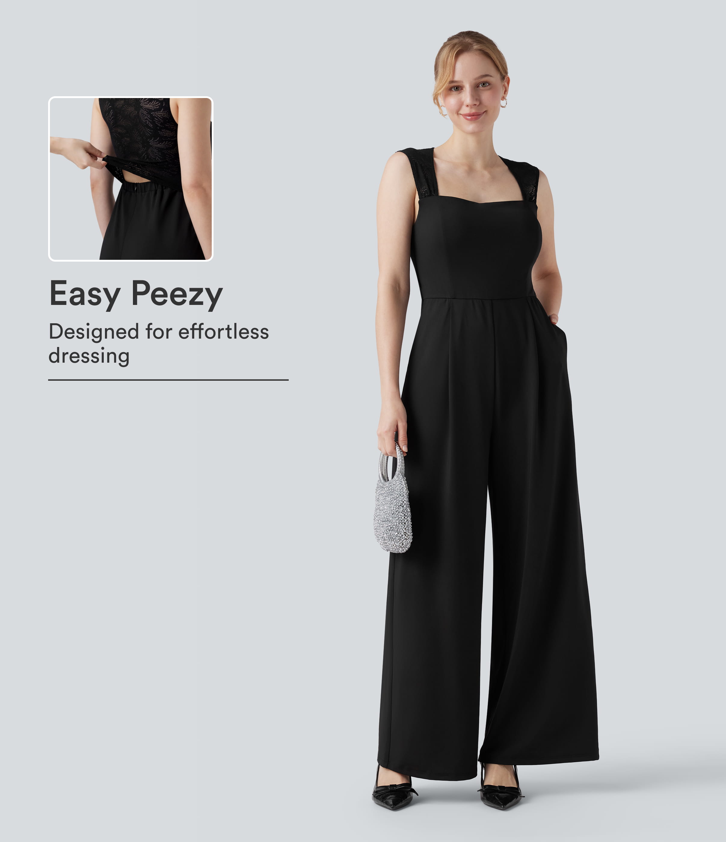Ärmelloser Jumpsuit mit quadratischem Ausschnitt und kontrastierender Spitze für Brautjungfern und Hochzeitsgäste, mit Taschen – Kinderleicht