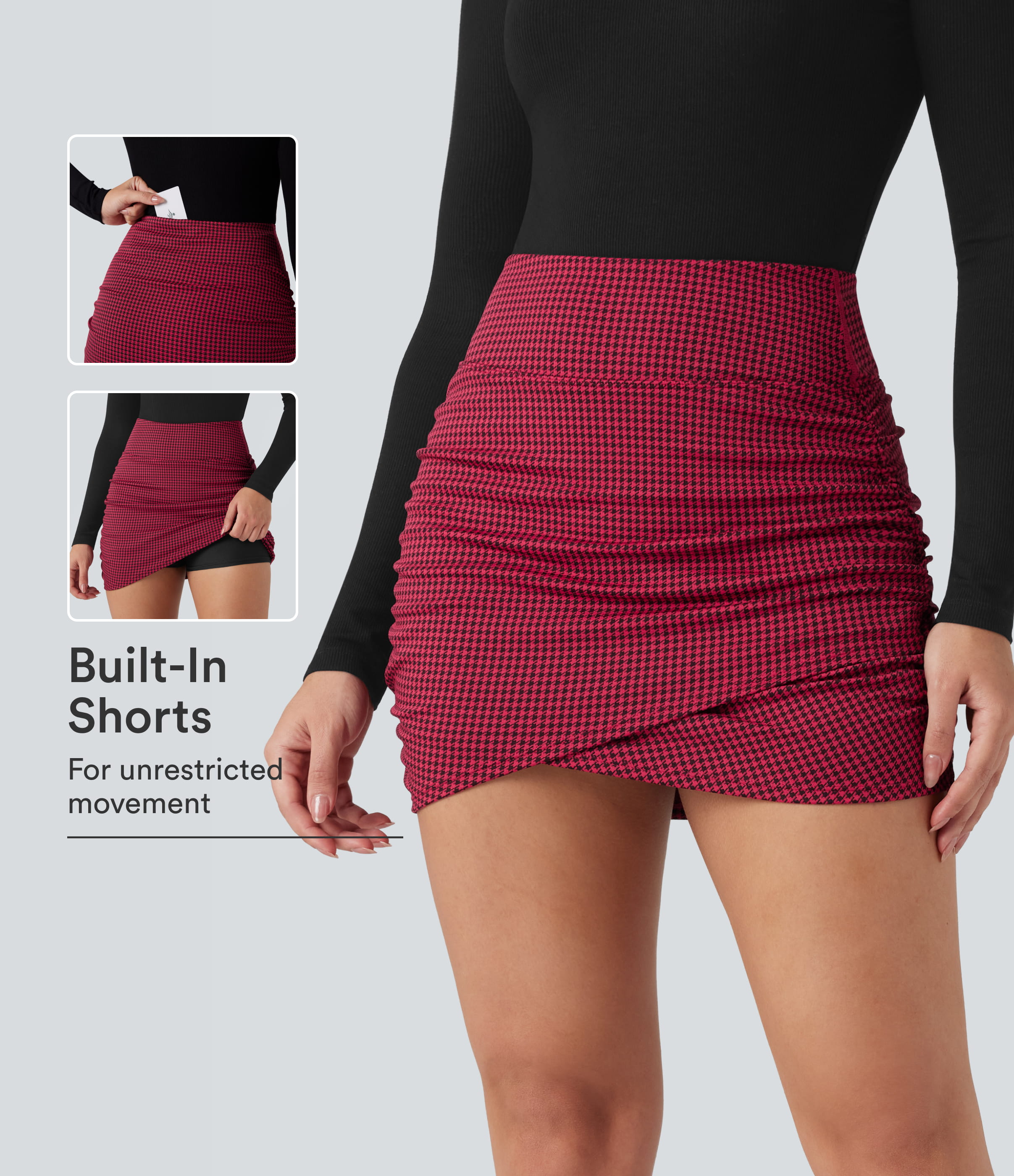 High Waisted 2-in-1 Houndstooth Bodycon Mini Casual Skirt with Pocket