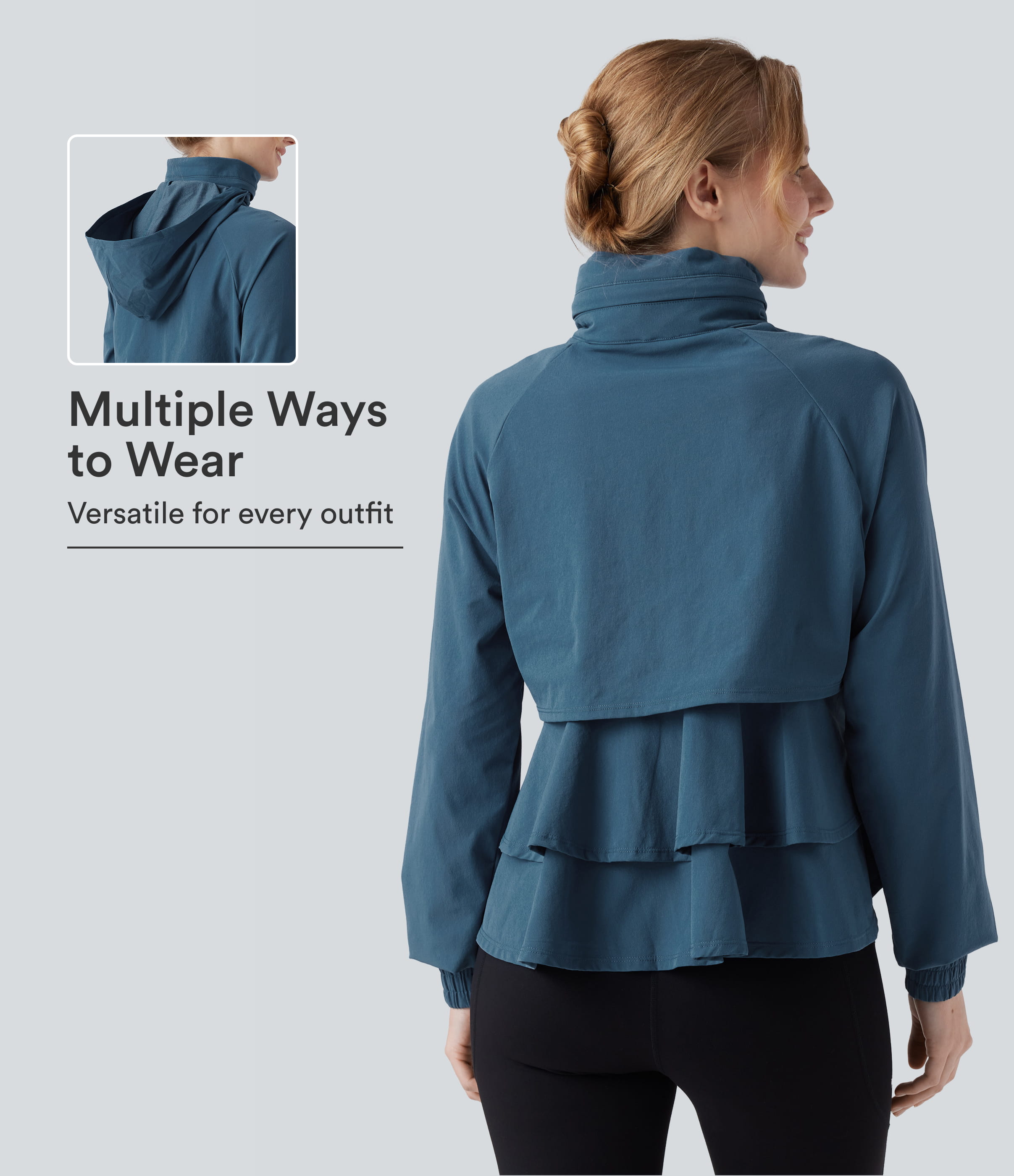 Stowable Hood Drawstring Contrast Mesh Ruffle Hem Workout Jacket with Pocket