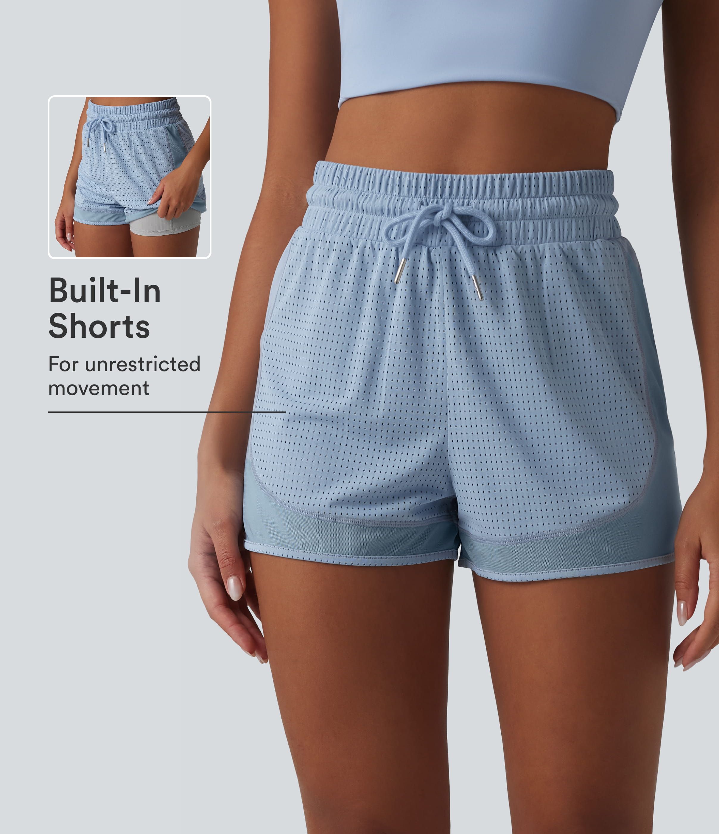 High Waisted Drawstring Eyelet Breathable Mesh 2-in-1 Workout Shorts