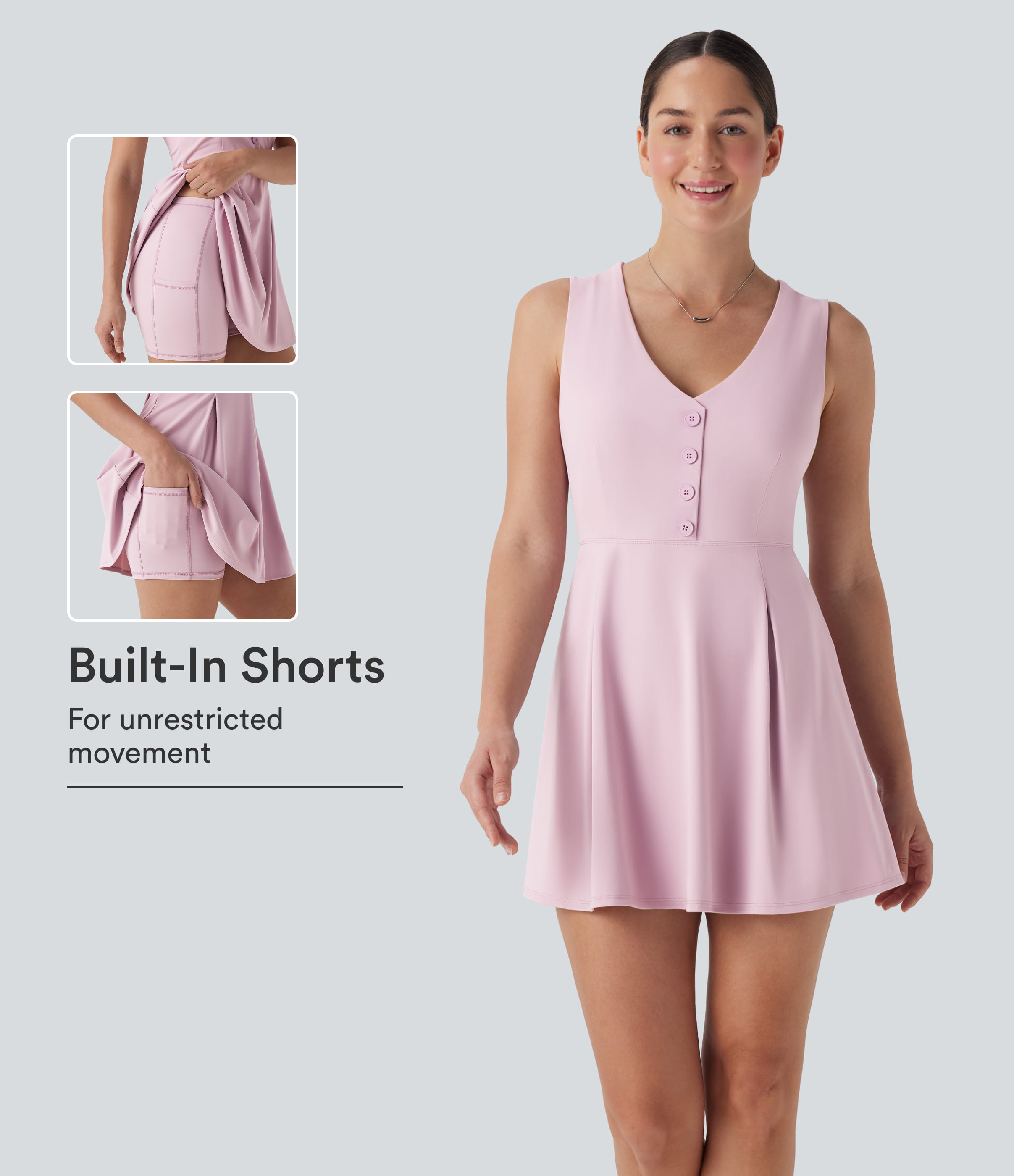 Putty Pink V Neck Sleeveless Decorative 2-Piece Mini Casual Dress with Pocket / 1