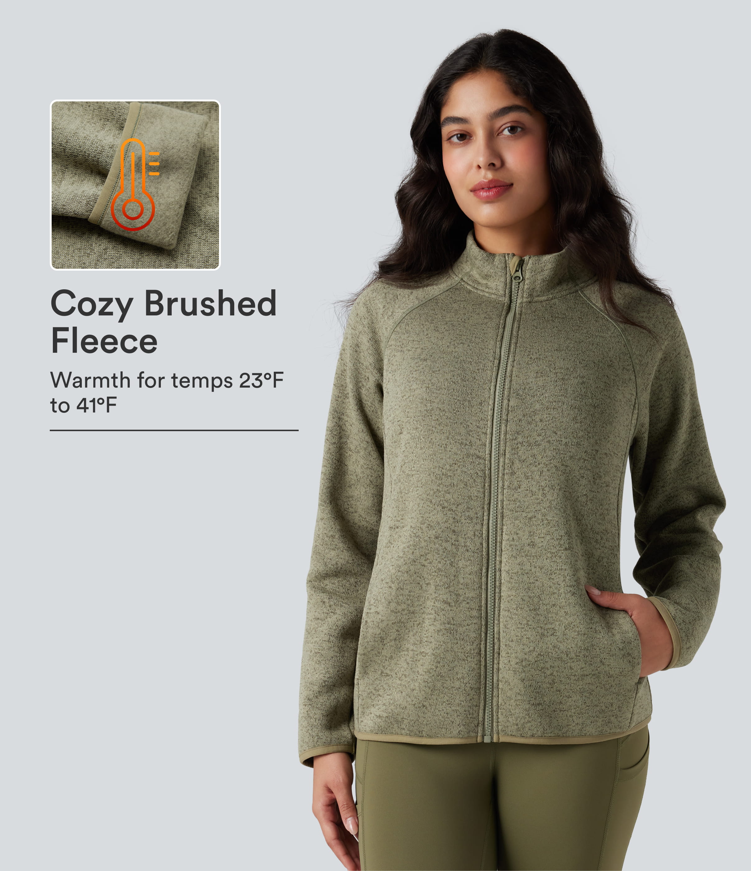 Stand Collar Long Sleeve Zip Fly Hiking Fleece Heathered Jacket with Pockets