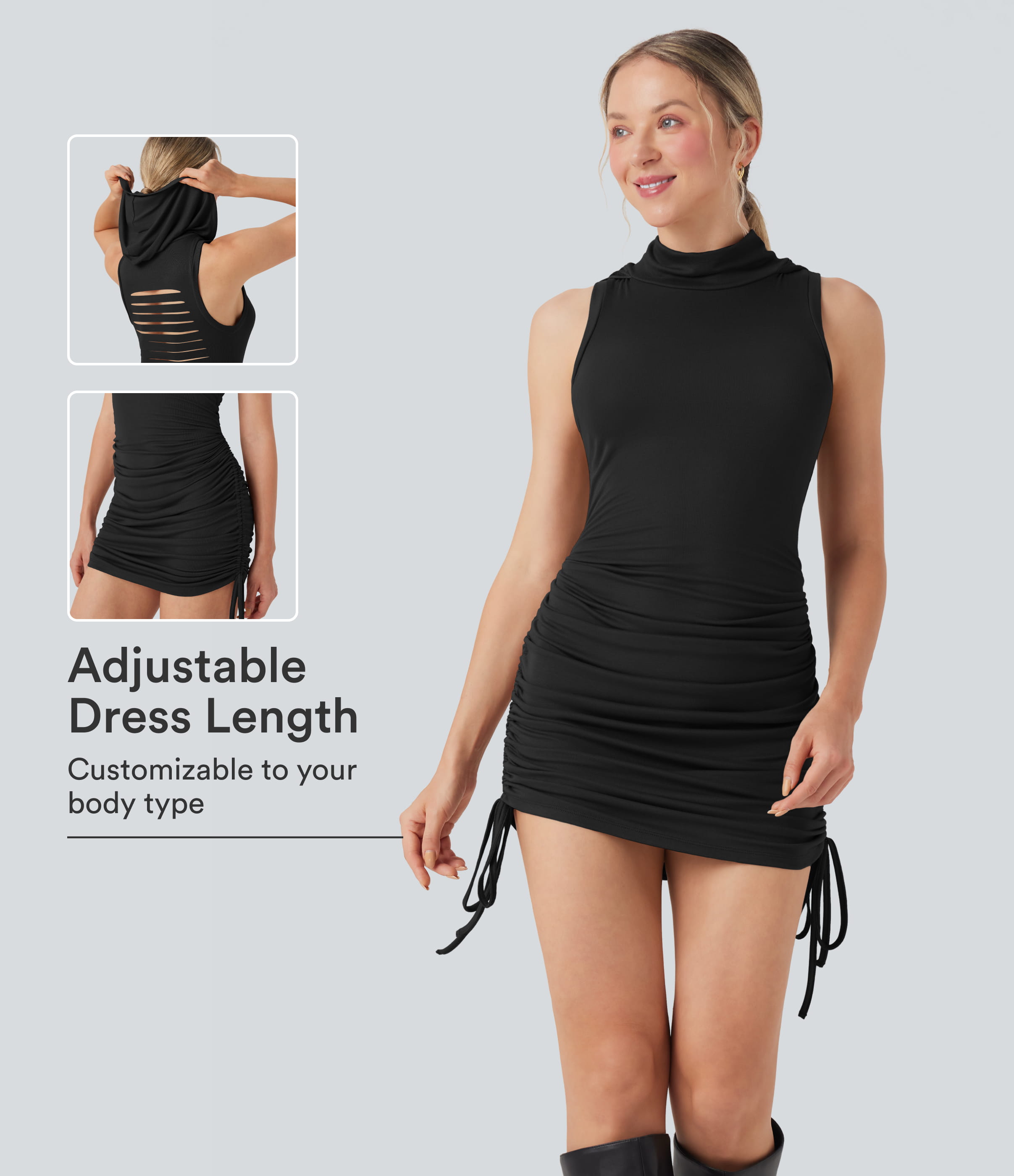 Women's Hooded Sleeveless Cut-out Drawstring Mini Bodycon Casual Dress-Adjustable Dress Length
