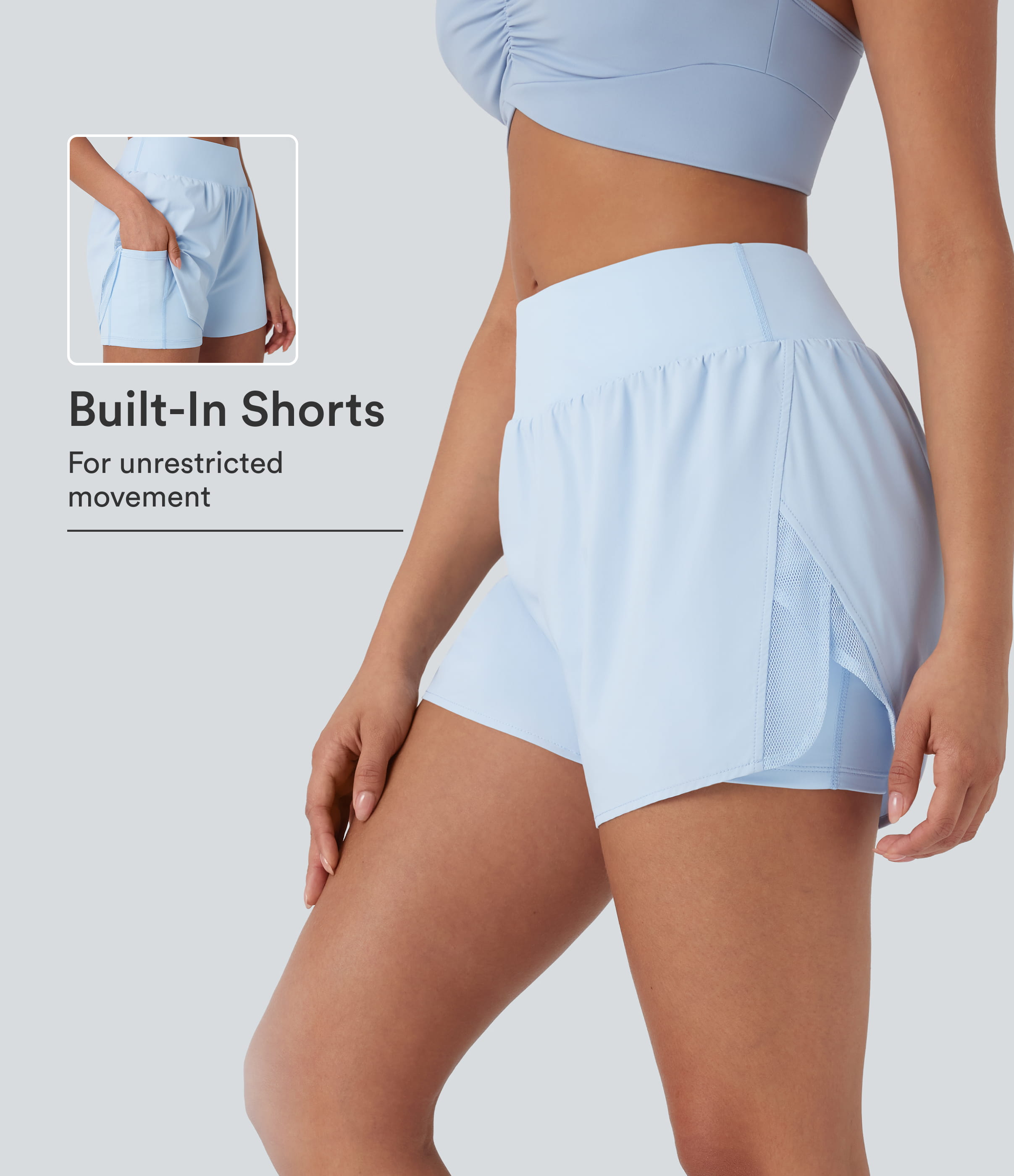 Clear Water Blue Mid Rise Contrast Mesh 2-in-1 Yoga Shorts with Pockets / 1