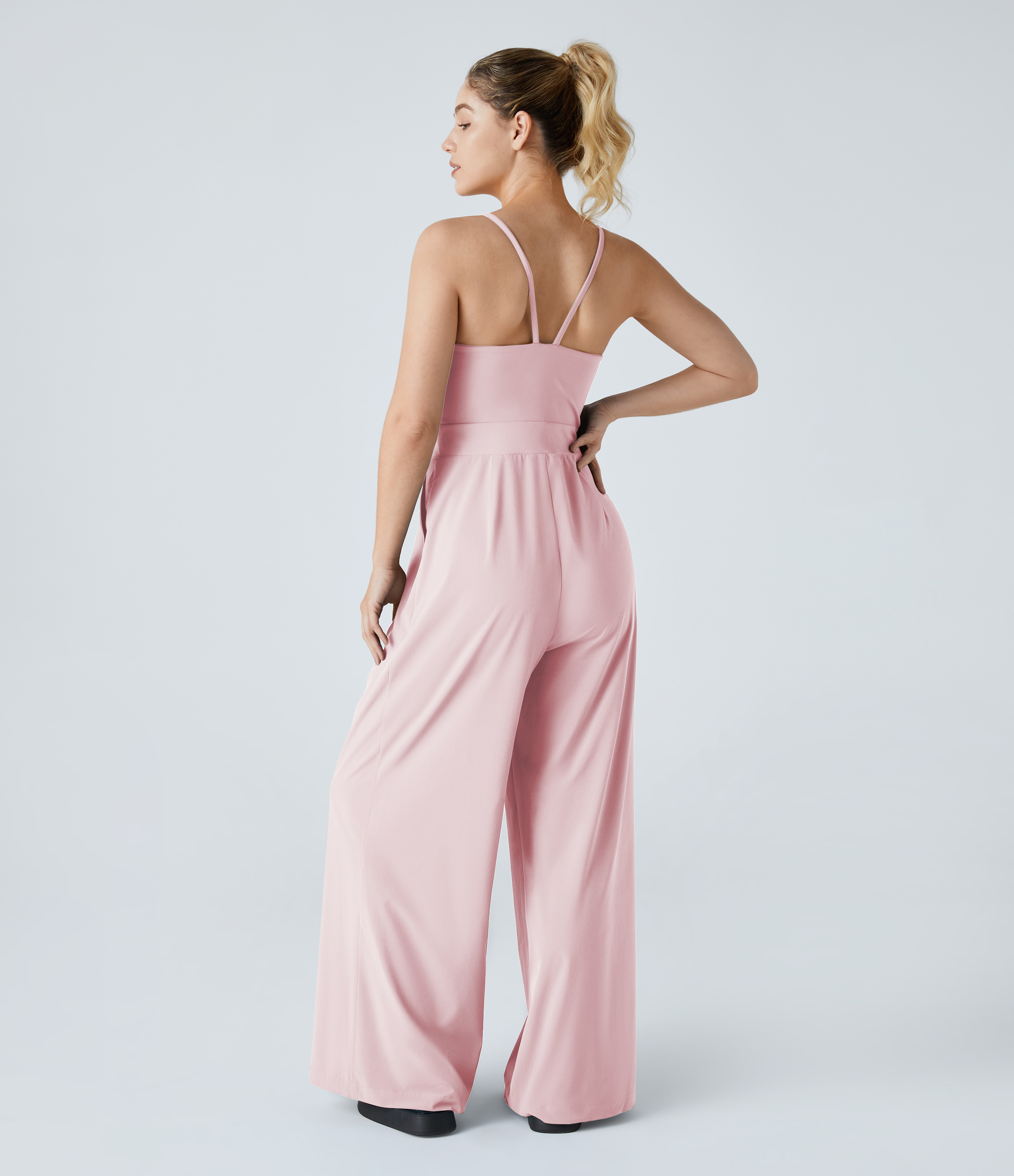 Primrose Pink Mono holgado 2 en 1 estilo slip casual con escote en V, espalda descubierta, cremallera invisible y bolsillos / 2