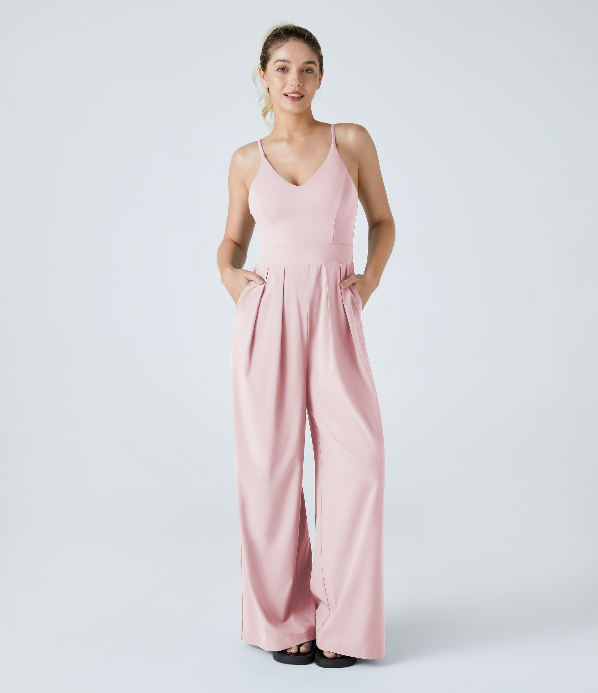 V-Neck Backless Invisible Zipper 2-in-1 Casual Slip Baggy Jumpsuit with Pockets