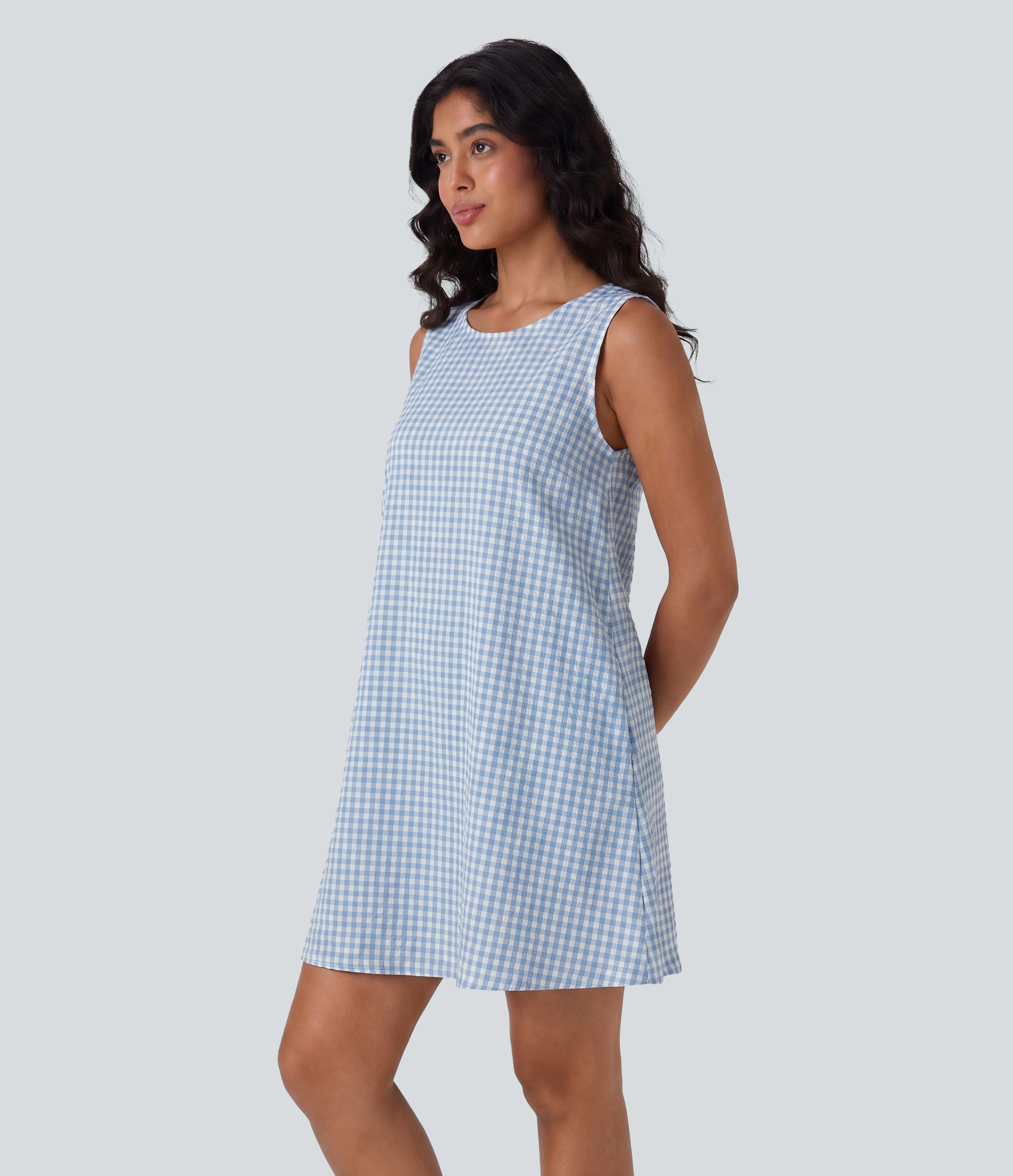 Round Neck Sleeveless Mini Crinkle Gingham Casual Tank Dress with Pockets