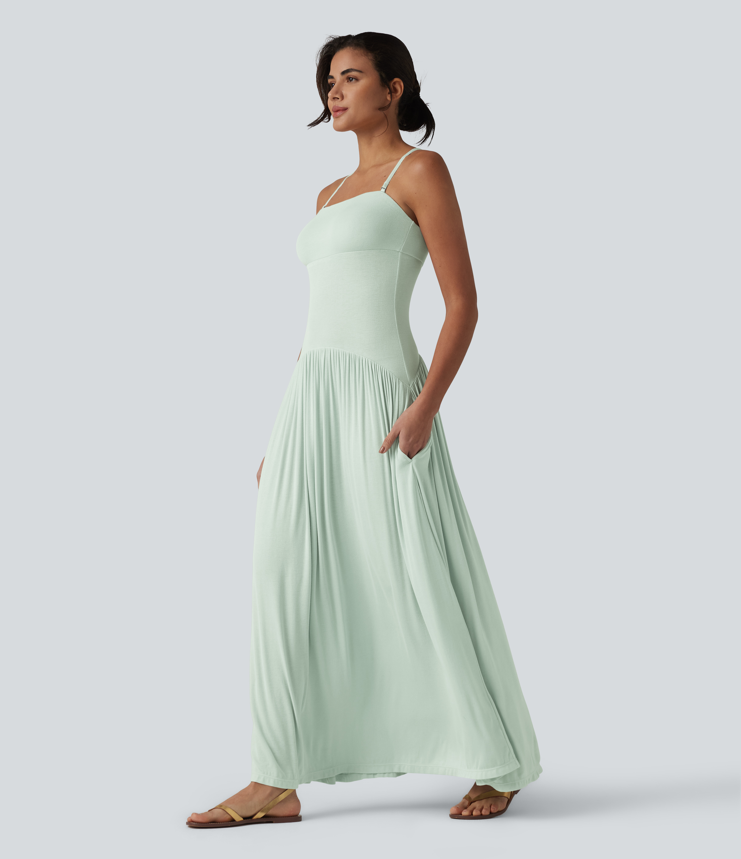 Ribbed Flowy Maxi Slip Dress with Pockets