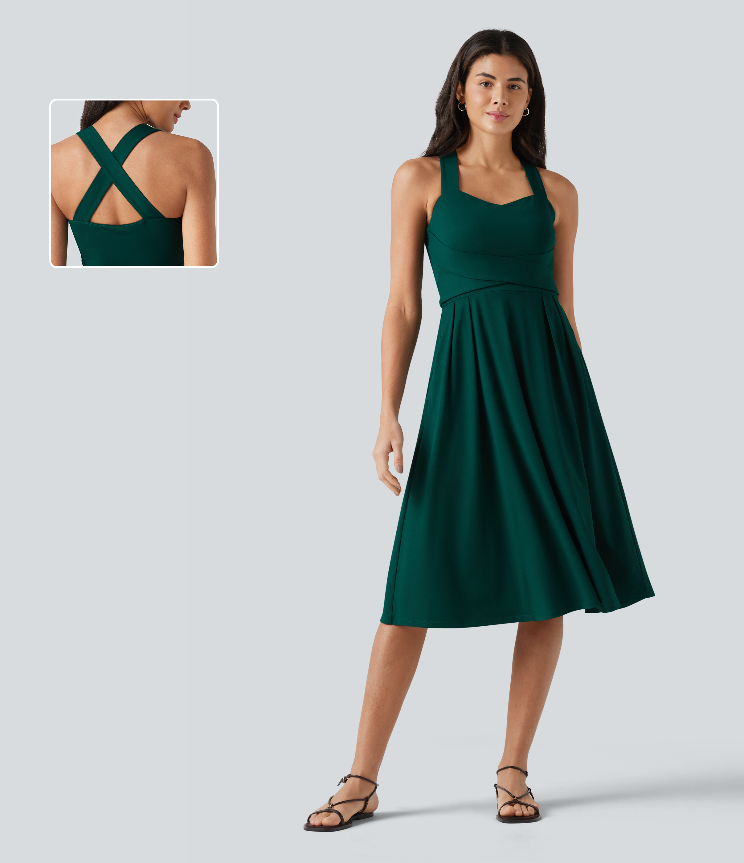 Sweetheart Neck Sleeveless Crisscross Tie-back Midi Casual Flowy Dress with Pockets