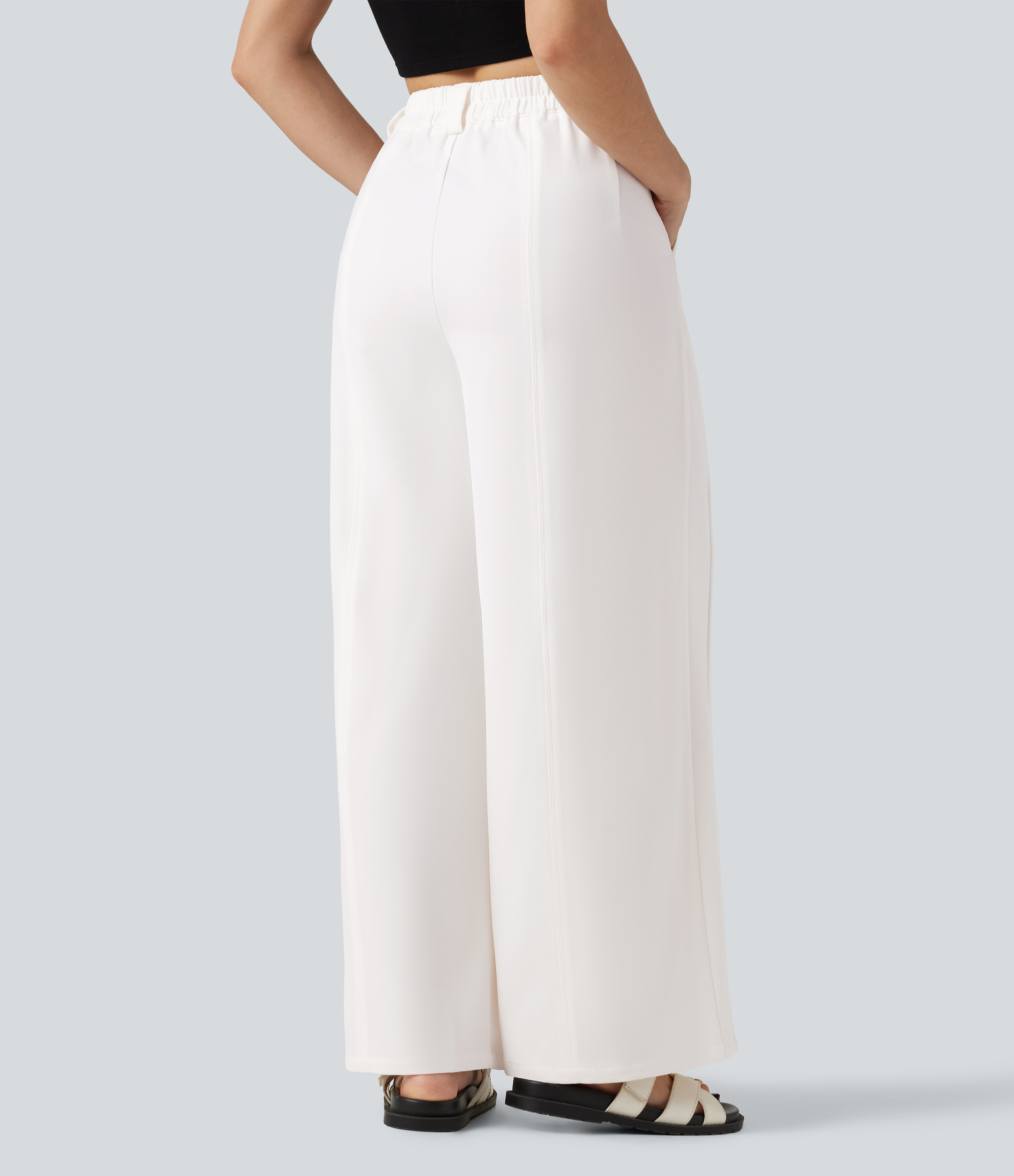 White Mid Rise Work Wide-leg Trousers with Pockets / 2