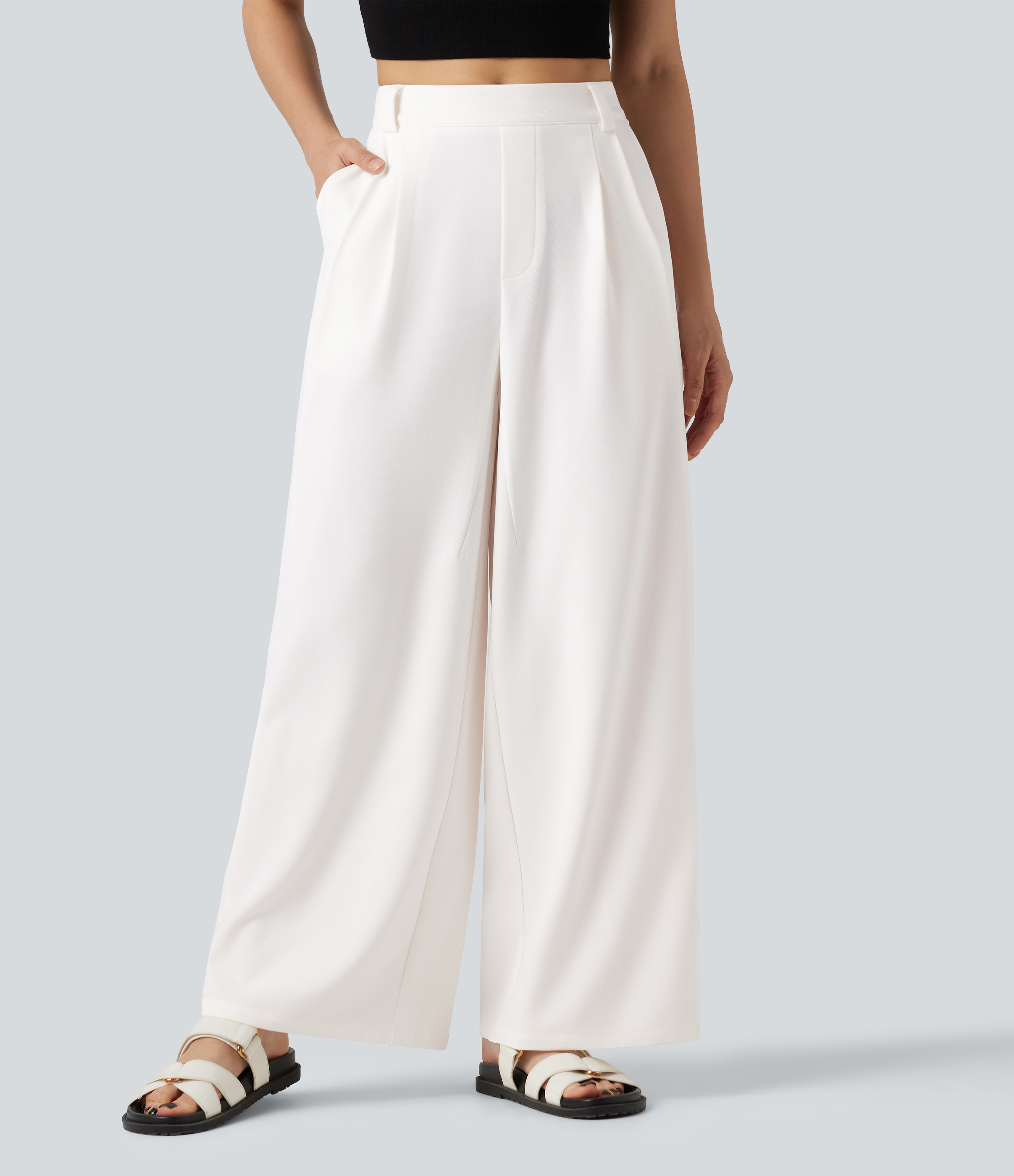 Mid Rise Work Wide-leg Pants with Pockets