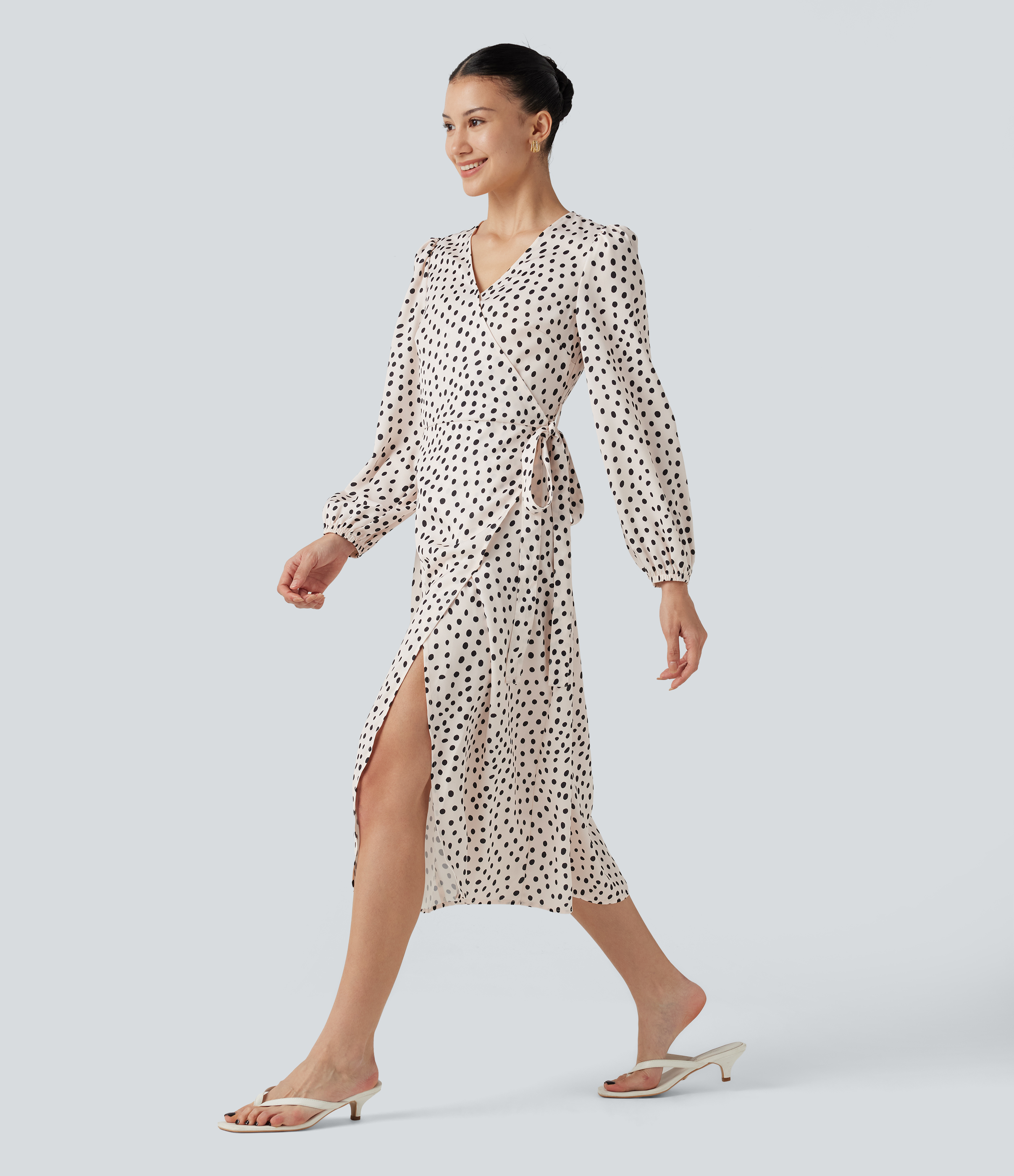 Robe portefeuille midi pour le travail, à manches longues, encolure en V, à pois