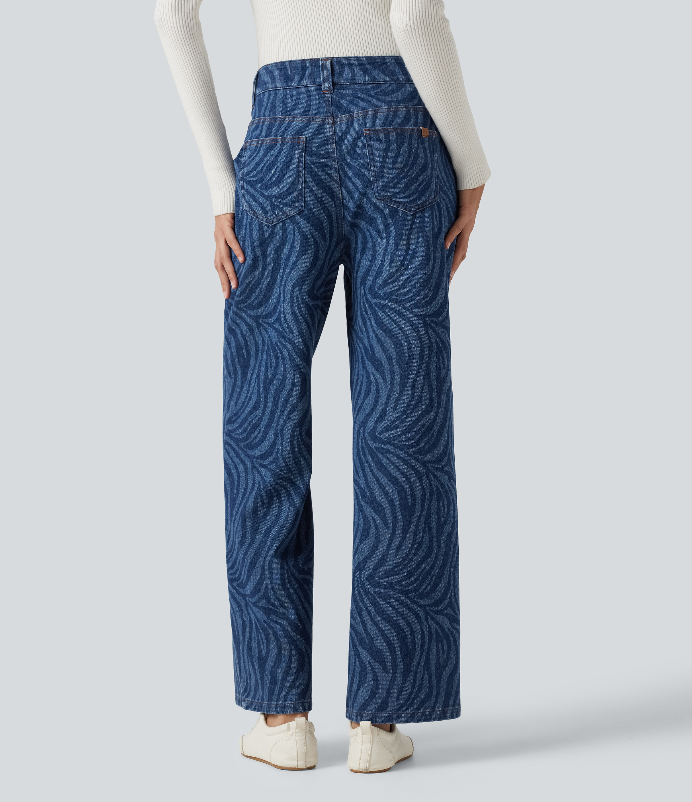 Zebra Stripe - Medium Dark Blue Halara Flex™ Mid Rise Casual Straight Leg Jeans with Pockets / 2