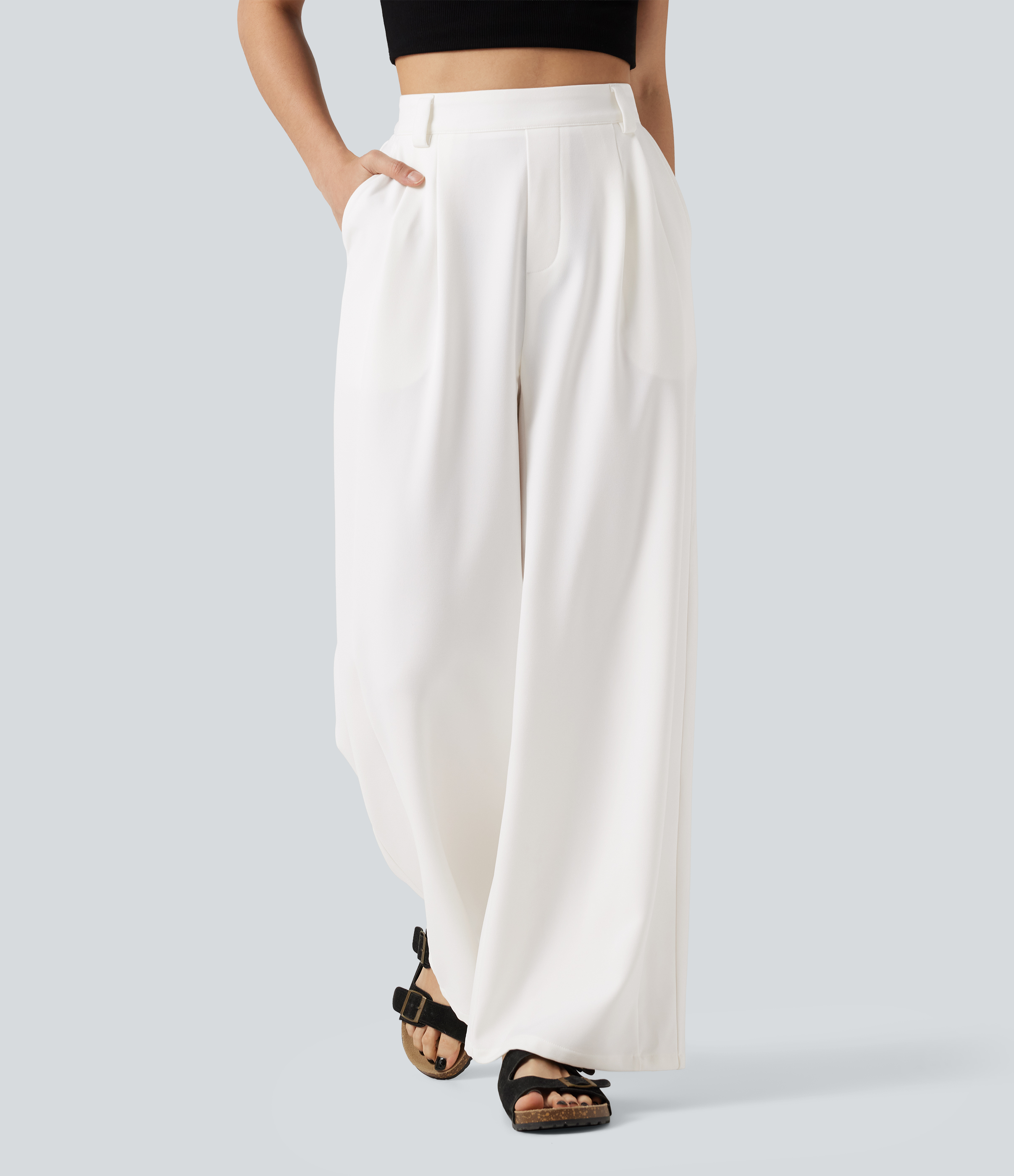 High Waisted Wide Leg Work Pants with Pockets