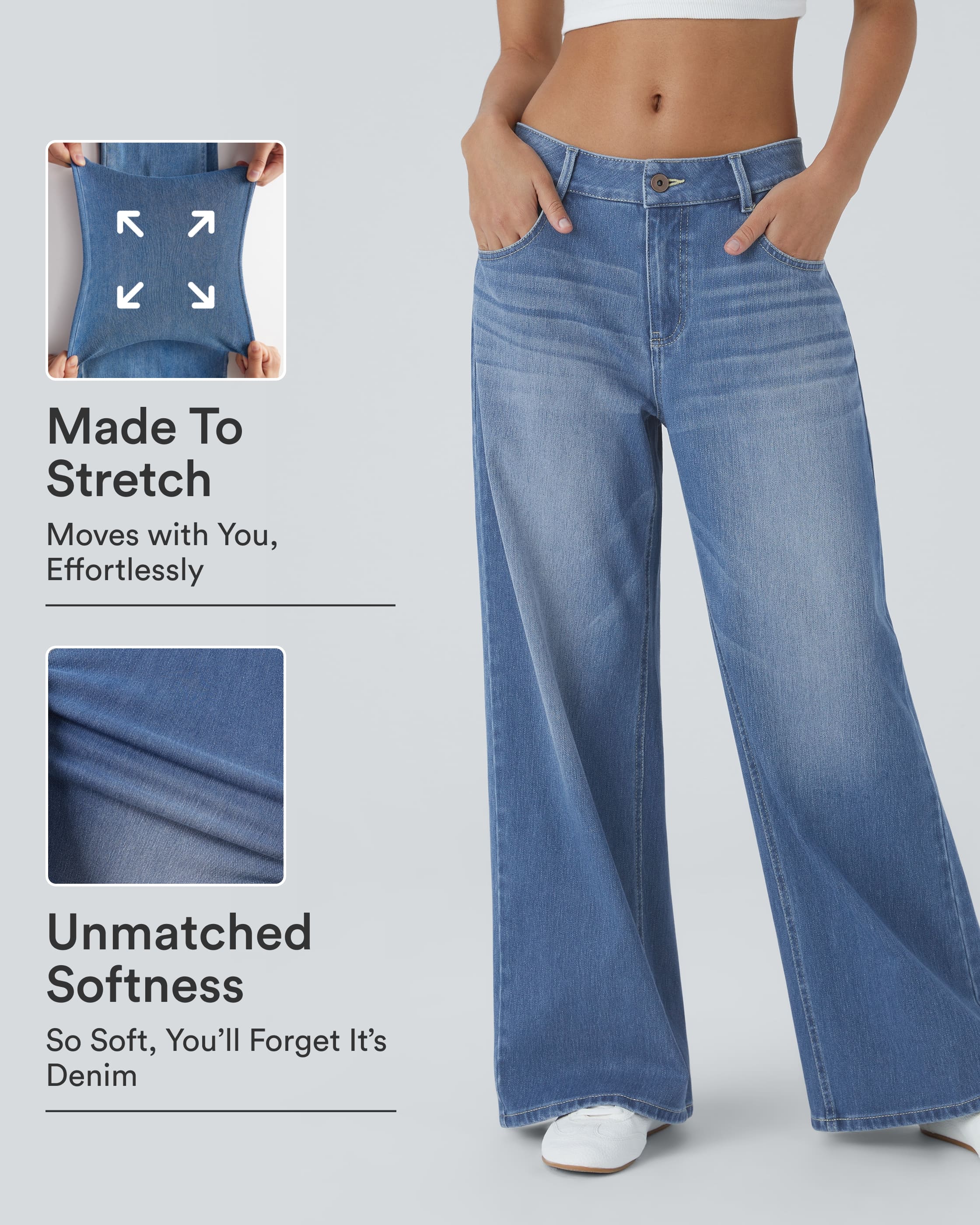 Halara Flex™ Low Rise Zipper Pockets Washed Baggy Wide Leg Casual Jeans