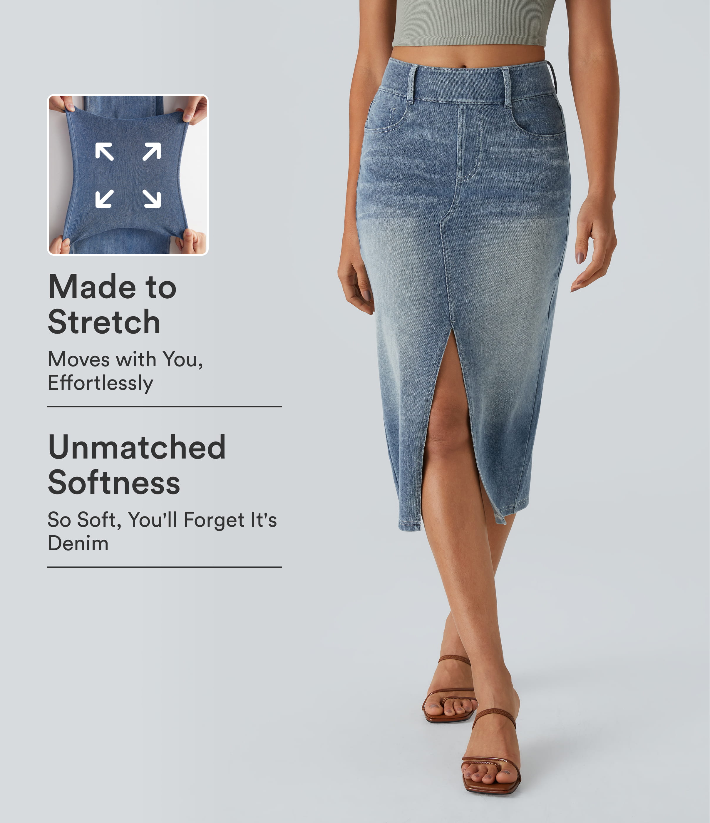 Halara Flex™ High Waisted Pockets Bodycon Washed Denim Casual Midi Skirt