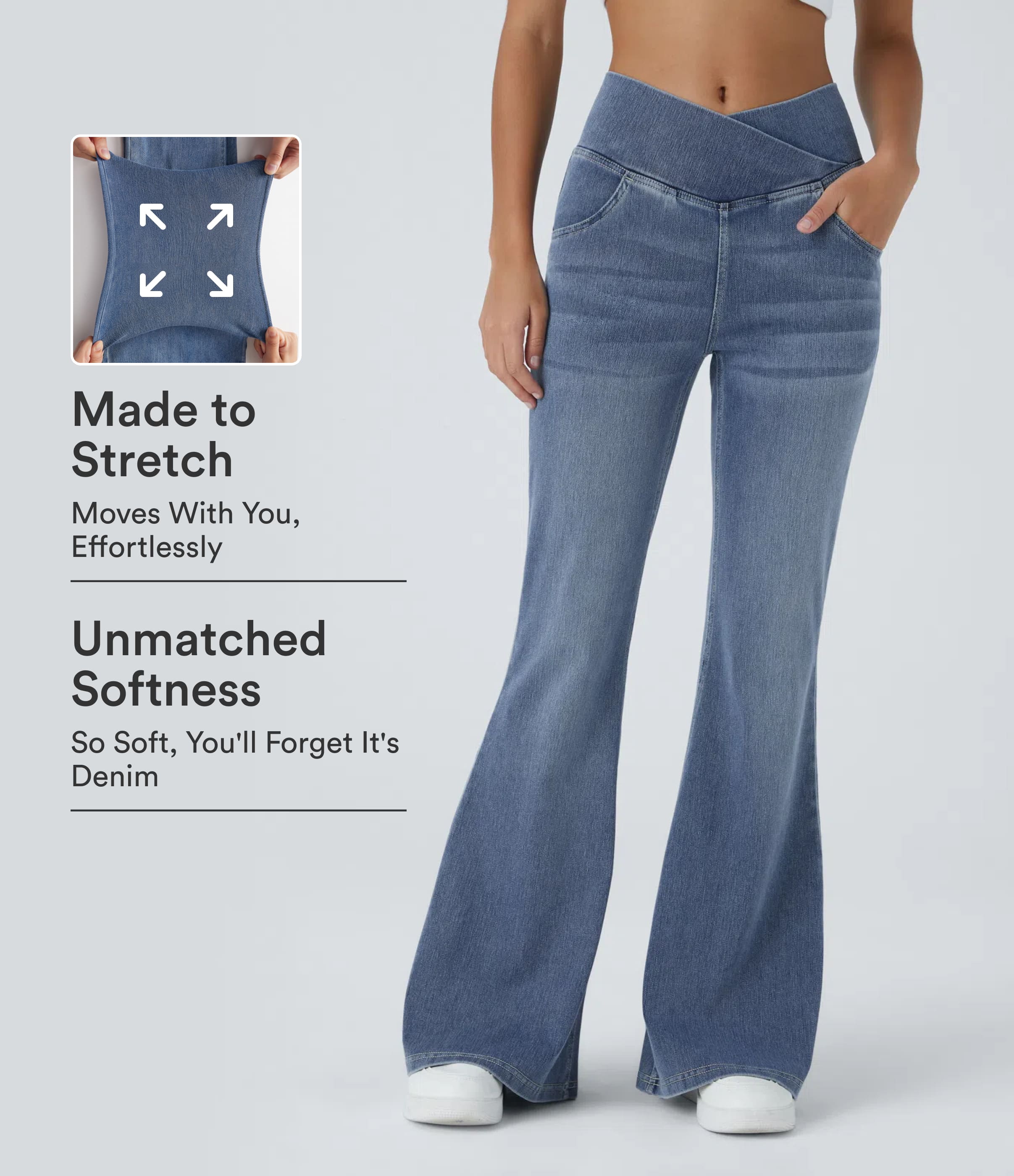 Halara Flex™ High Waisted Crossover Pocket Washed Casual Flared Jeans