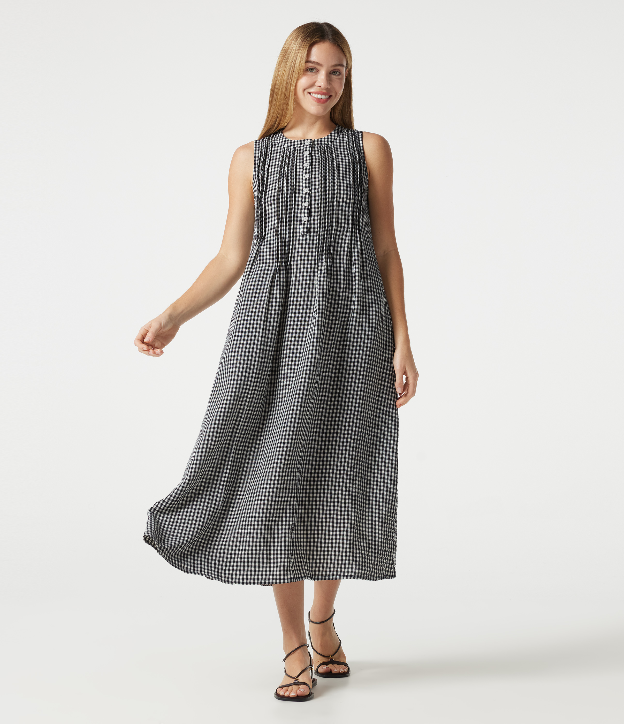 Round Neck Sleeveless Plaid Midi Casual Linen-Feel Dress with Pockets
